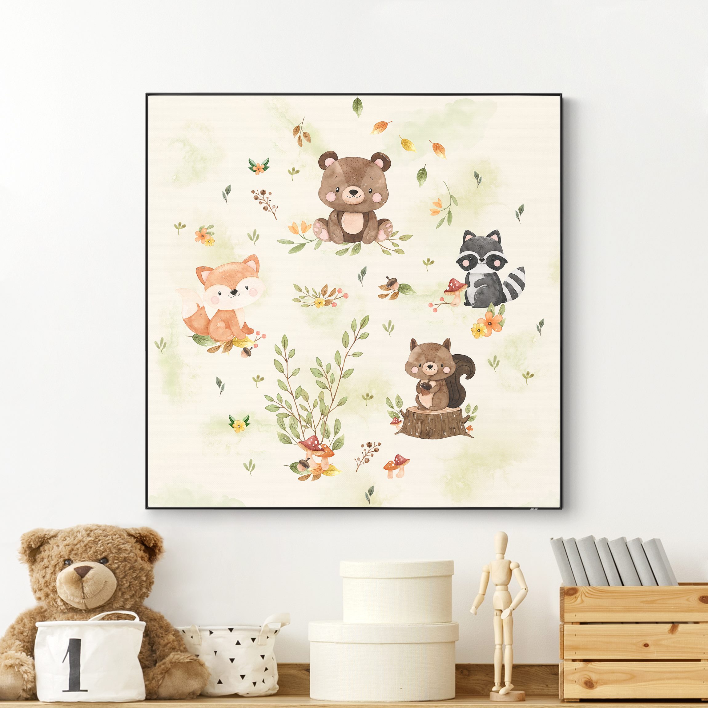 Wechselbild Waldtiere Herbst Fuchs Bär Eichhörnchen Waschbär