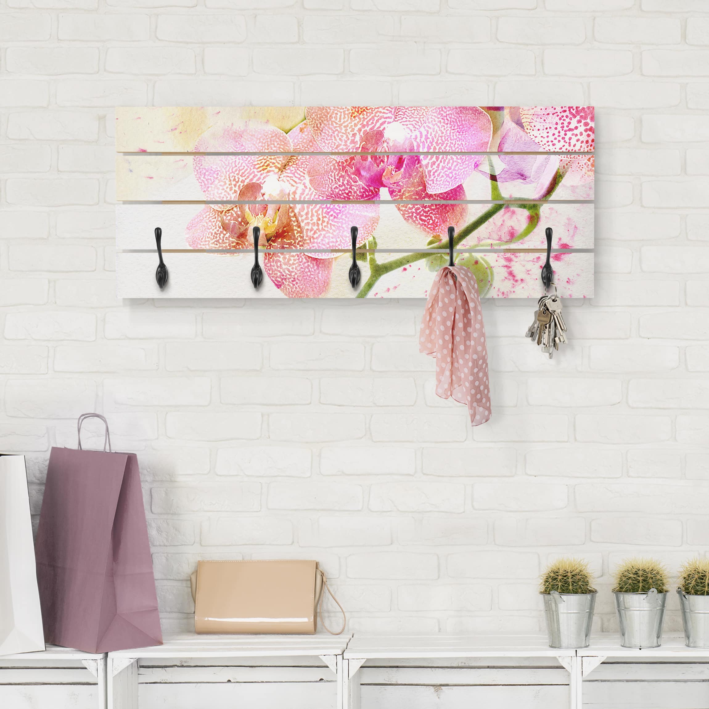 Wandgarderobe Holzpalette Aquarell Blumen Orchideen
