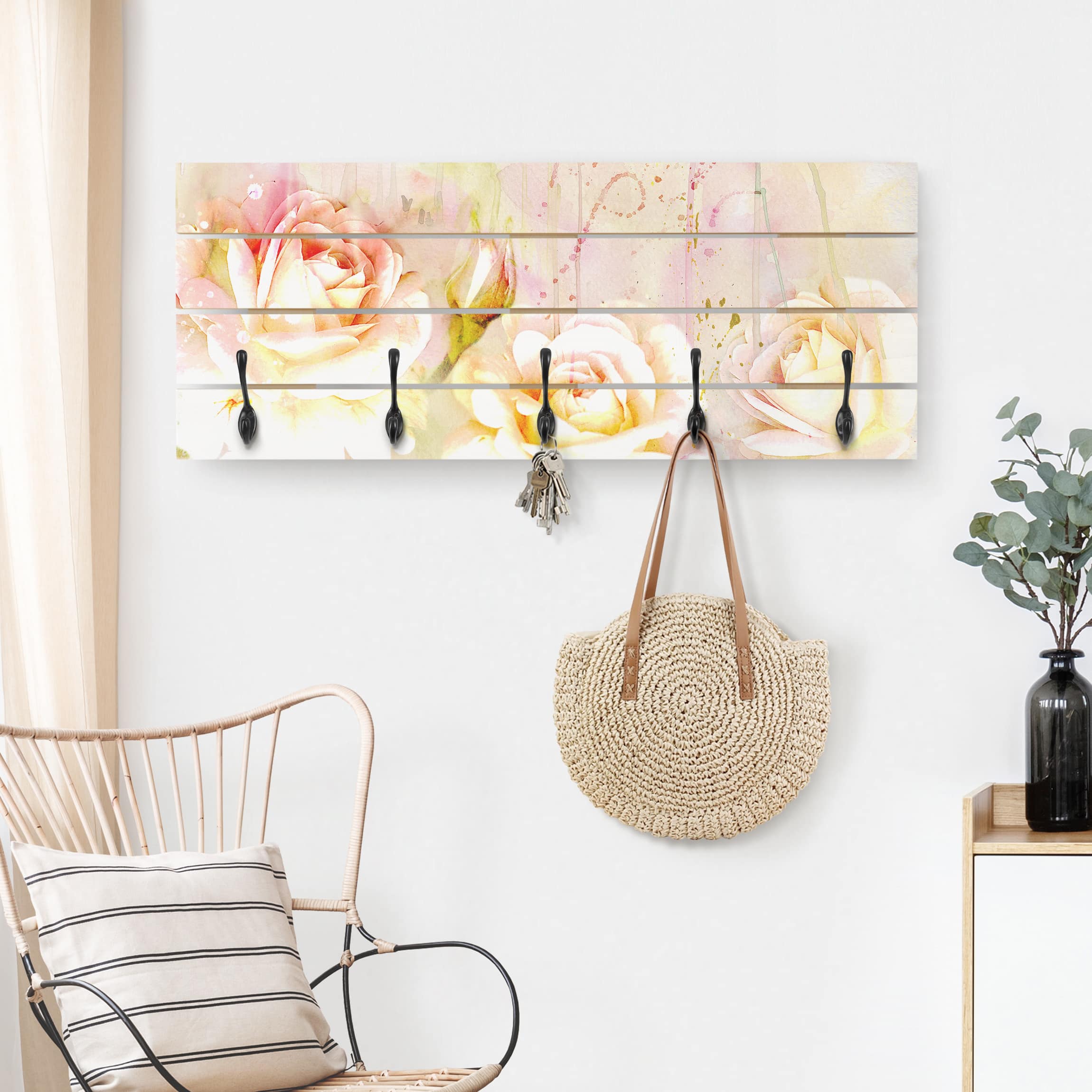 Wandgarderobe Holzpalette Aquarell Blumen Rosen