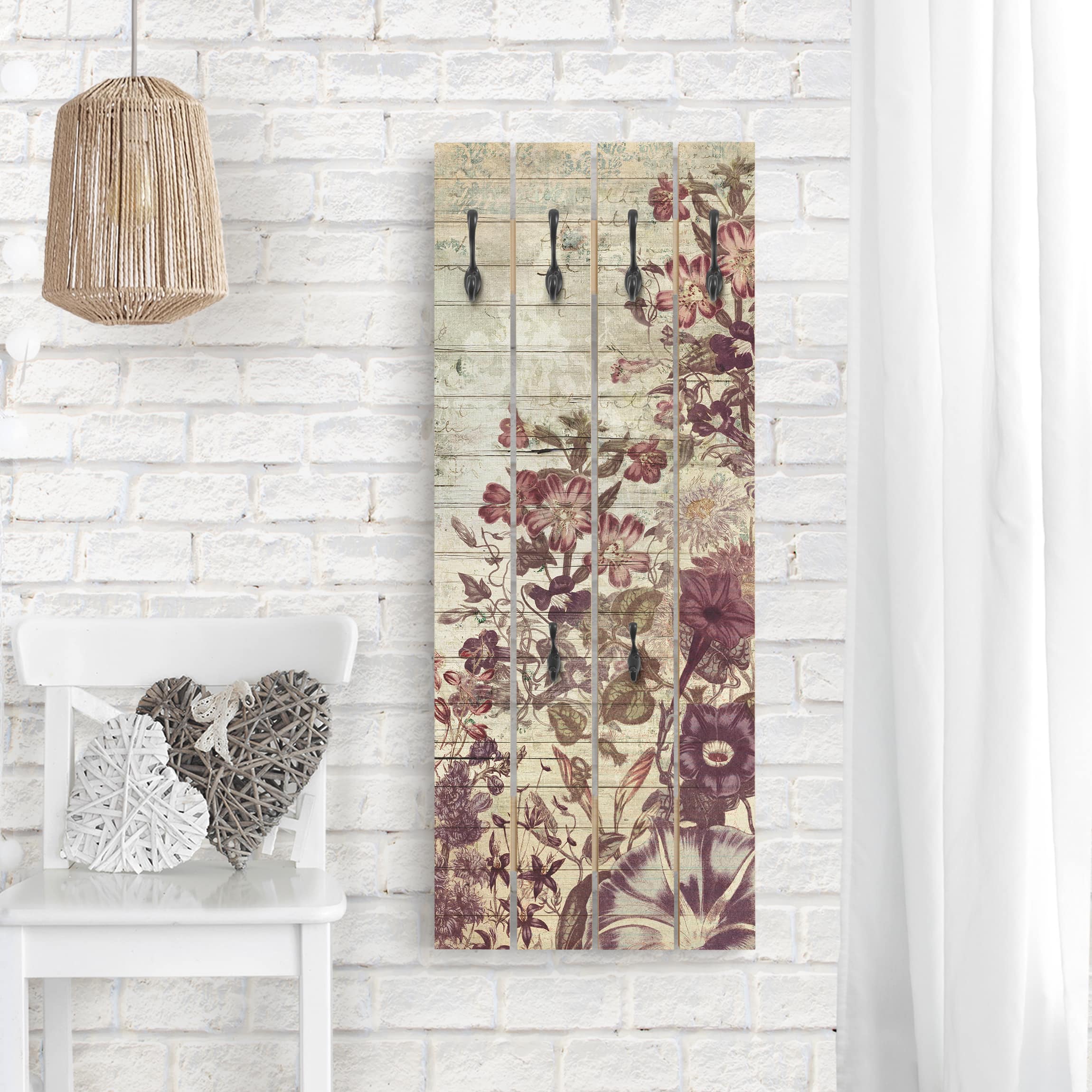 Wandgarderobe Holzpalette Vintage Blumen Holzoptik II