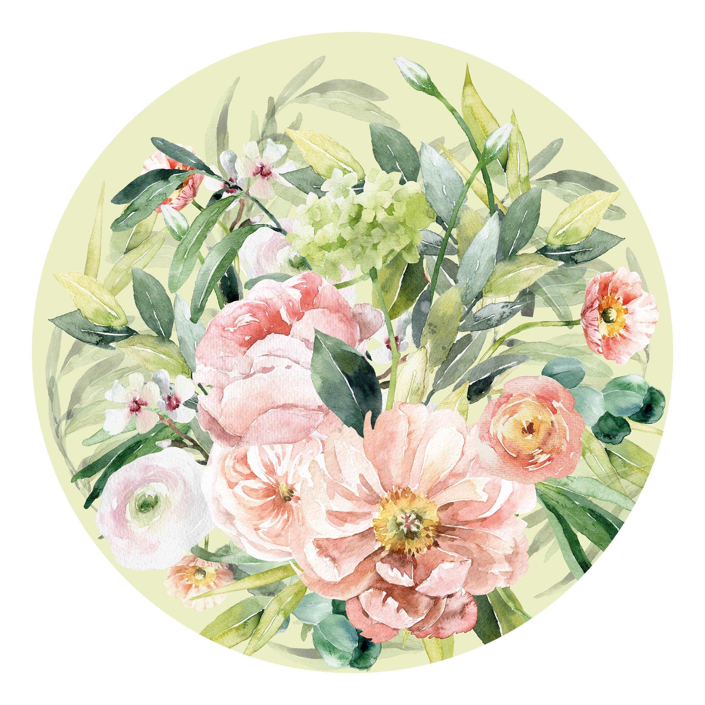 Runde Fototapete Wasserfarbe Rosa Blüten Bouquet