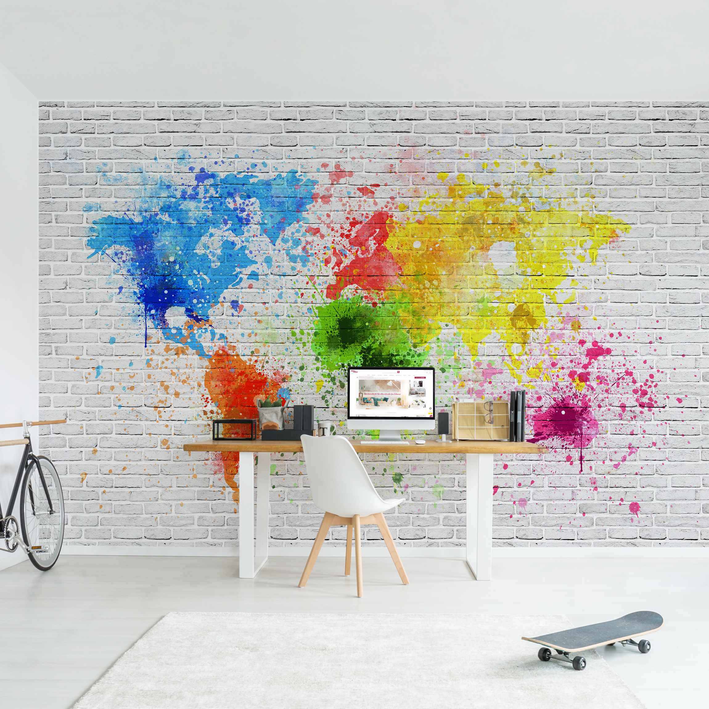 Fototapete Weiße Backsteinwand Weltkarte