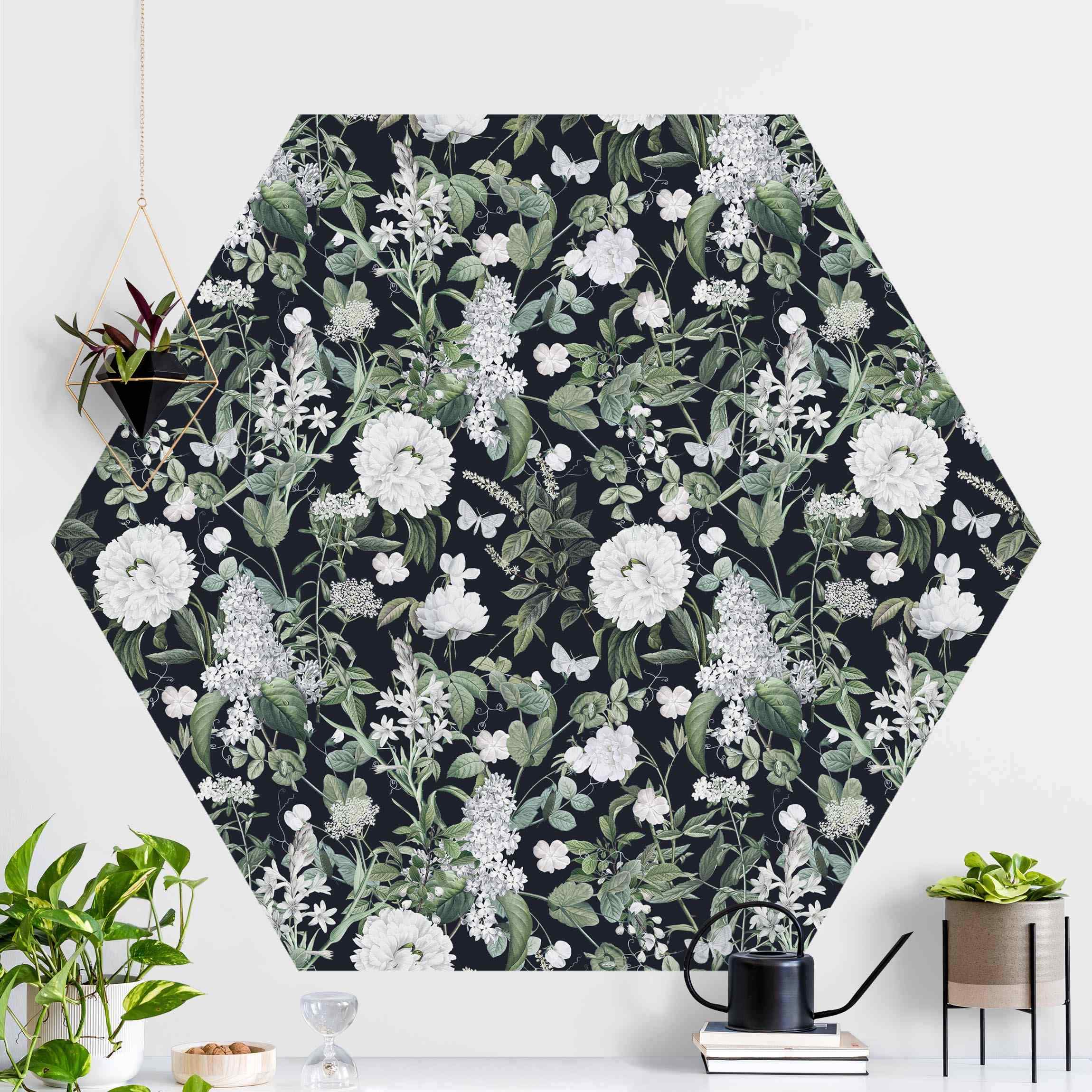 Hexagon Fototapete Weiße Blüten und Schmetterlinge auf Blau