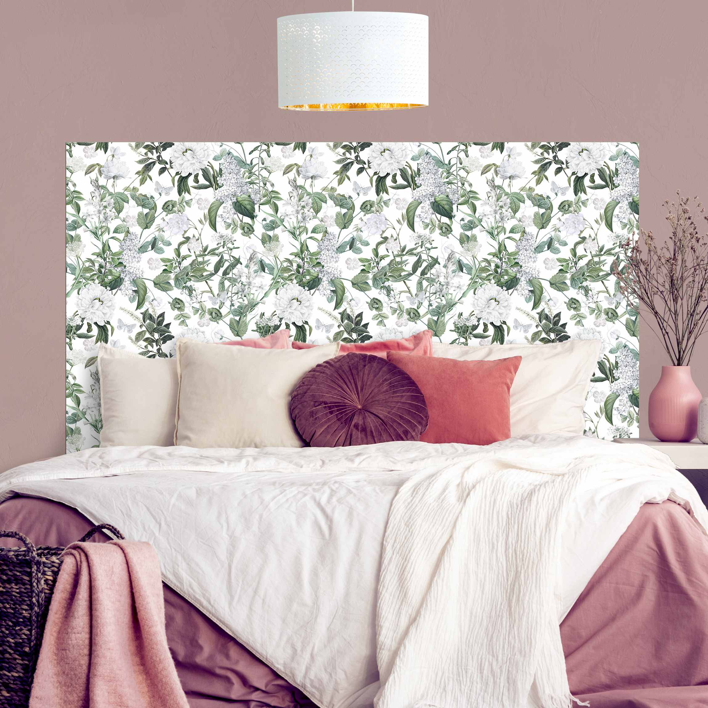 Kopfteil Bett Weiße Blüten und Schmetterlinge