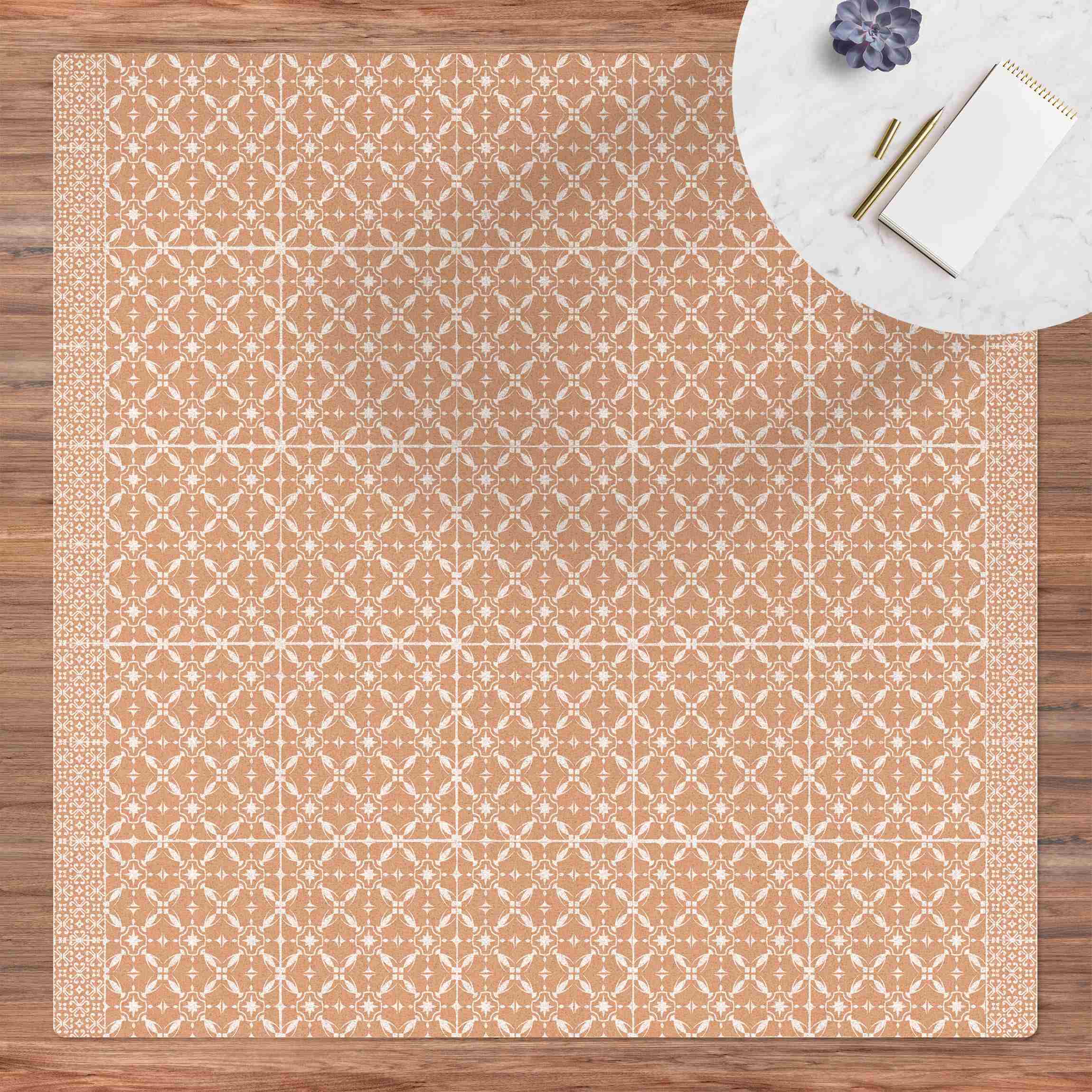 Kork-Teppich Weiße Fliesen Sonnenstern mit Bordüre