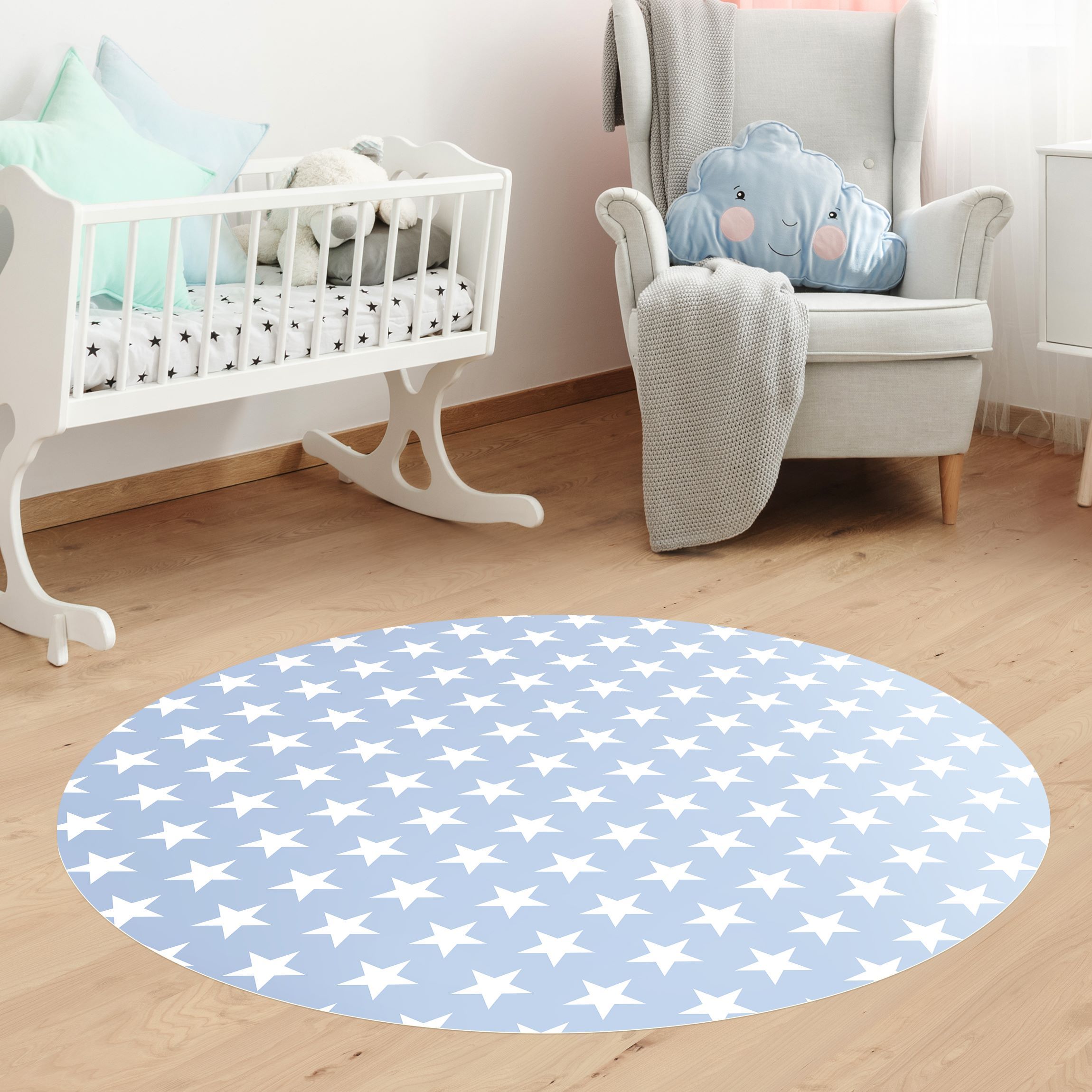 Runder Vinyl-Teppich Weiße Sterne auf Blau