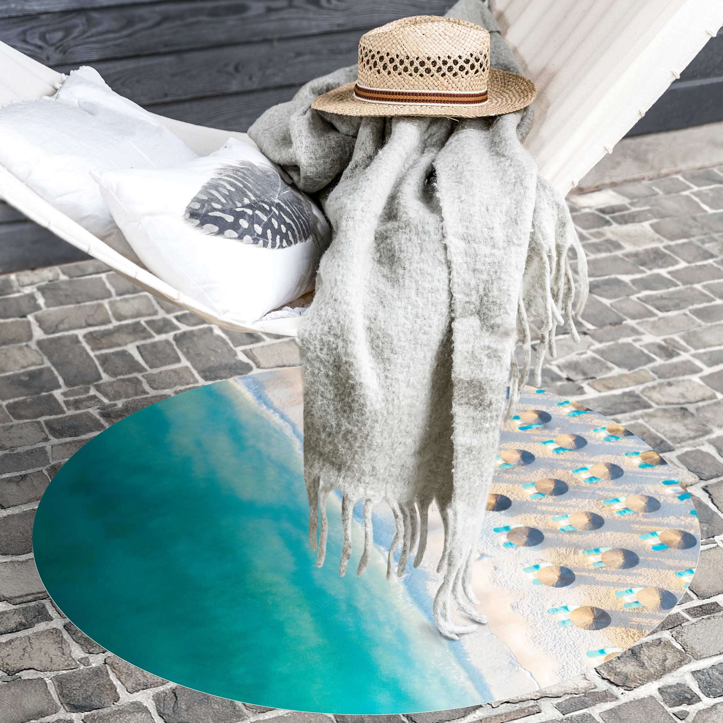 Runder Vinyl-Teppich Weißer Sandstrand mit Strohschirmen