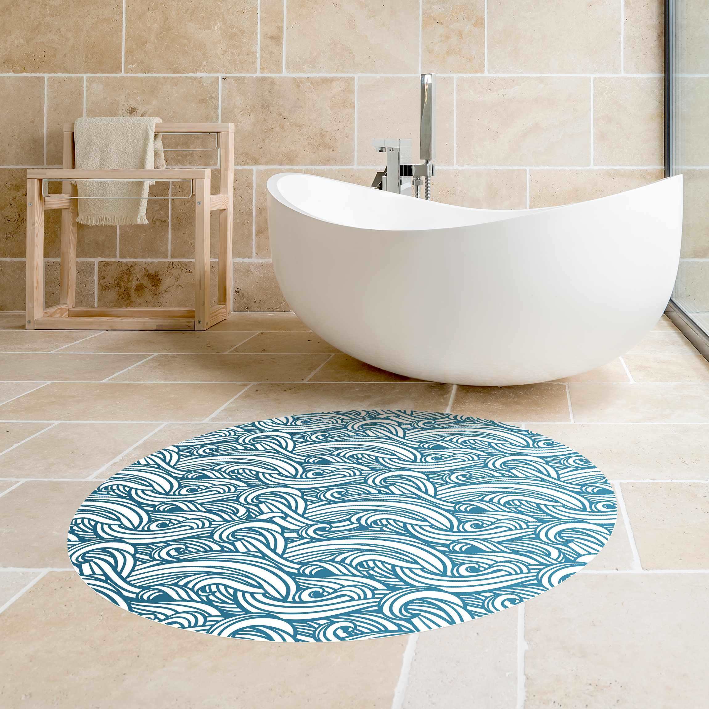 Runder Vinyl-Teppich Wellenlinien in Blau