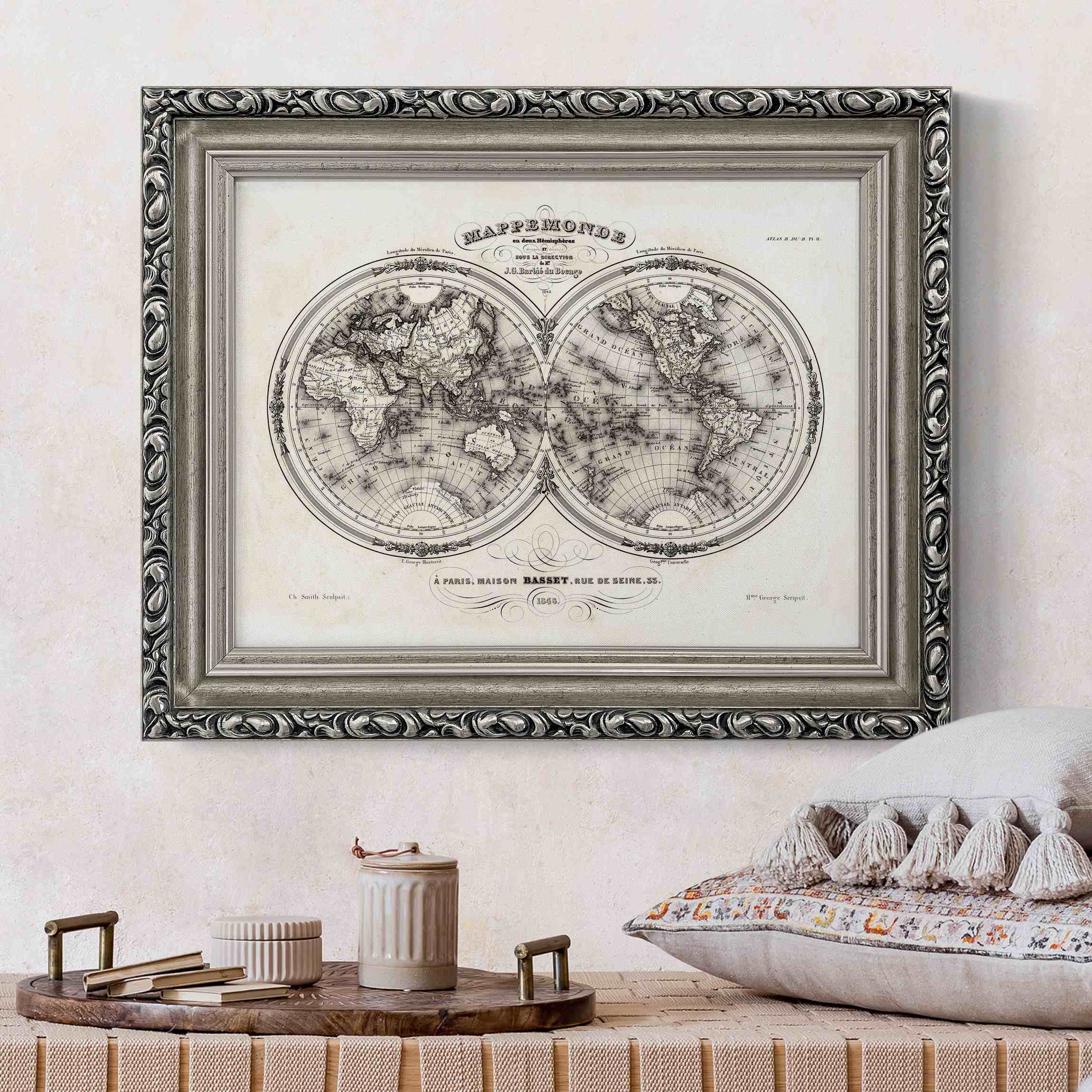 Leinwandbild mit Barockrahmen Weltkarte - Französische Karte der Hemissphären von 1848