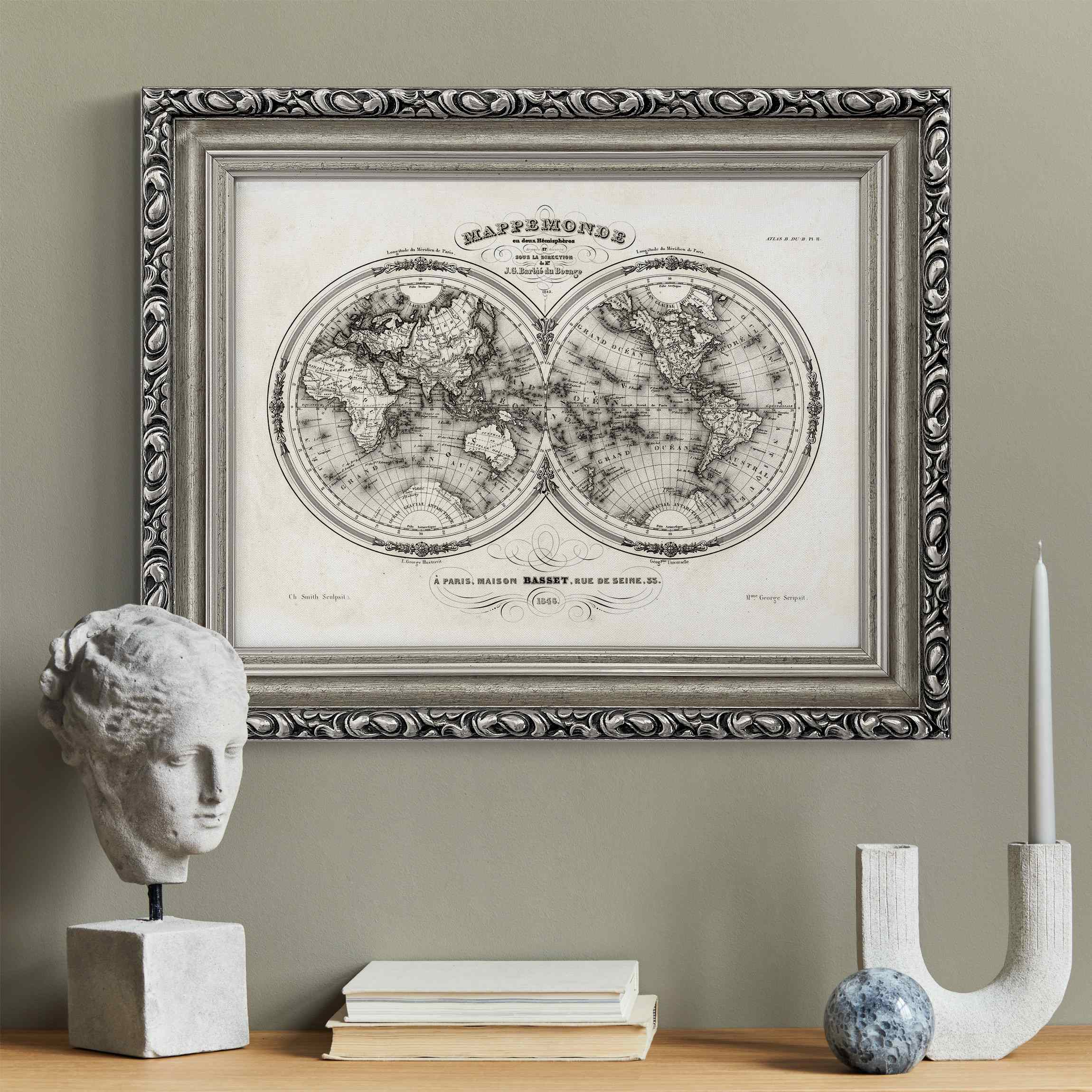 Leinwandbild in Barockrahmen Weltkarte - Französische Karte der Hemissphären von 1848