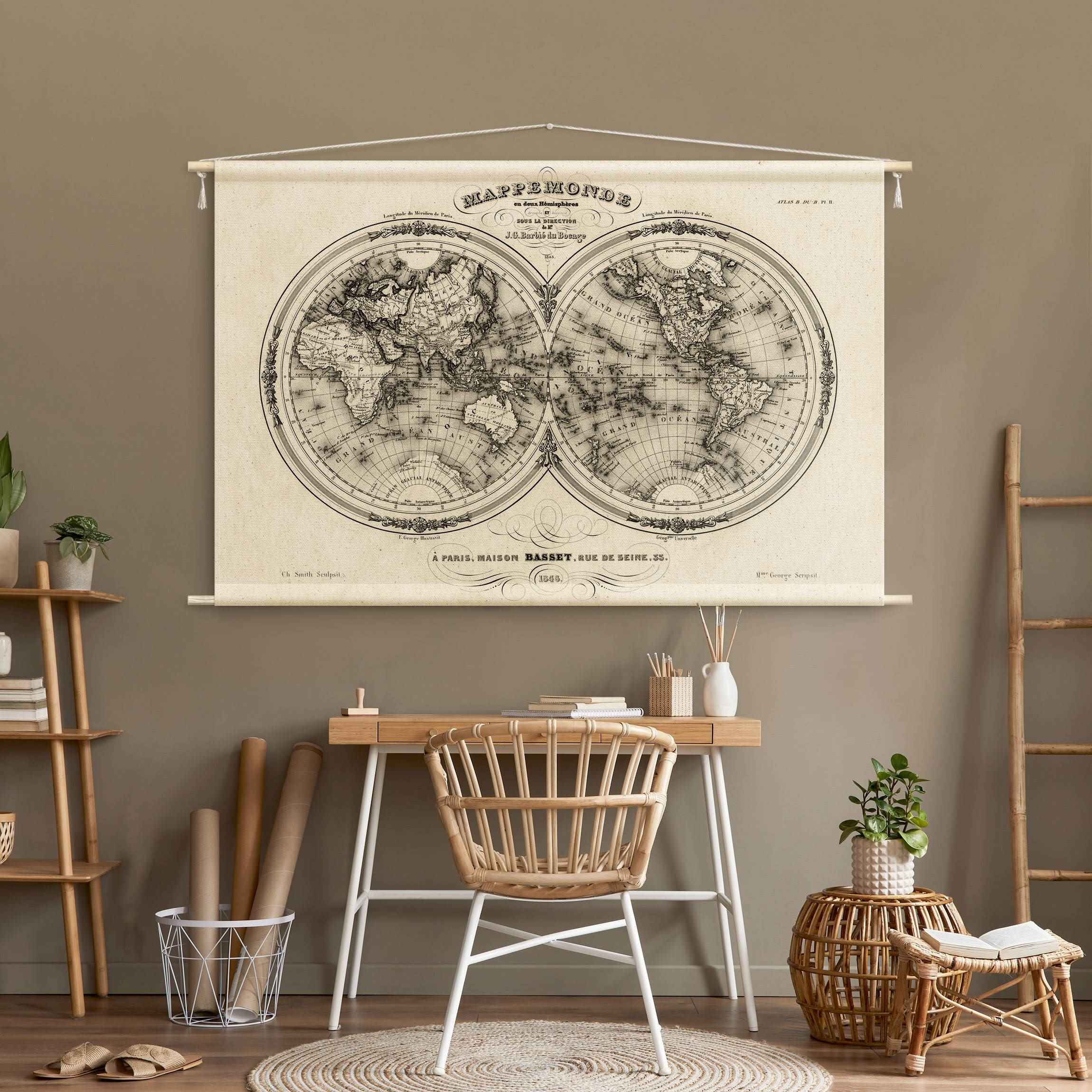 Wandteppich Weltkarte - Französische Karte der Hemissphären von 1848