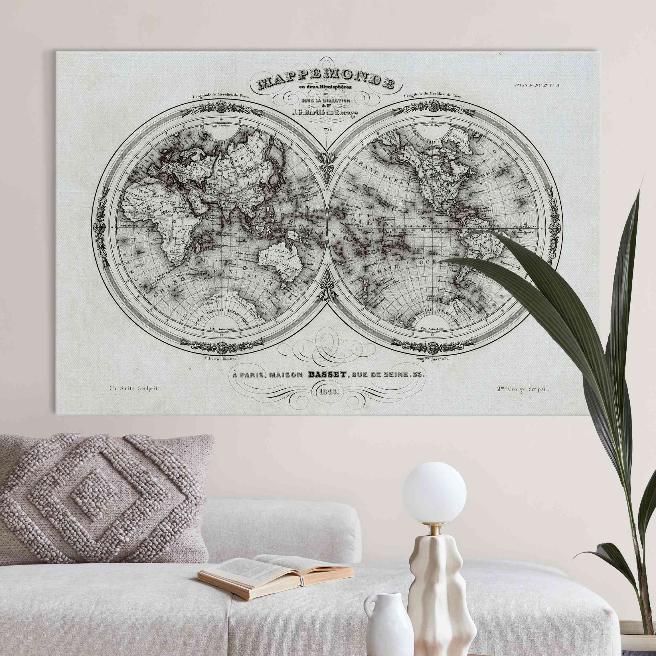 Akustikbild Weltkarte - Französische Karte der Hemissphären von 1848