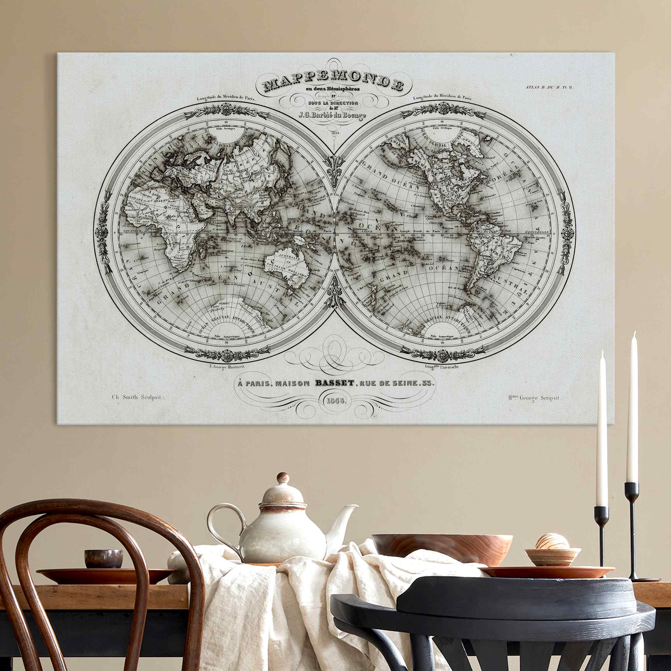 Akustikbild Weltkarte - Französische Karte der Hemissphären von 1848