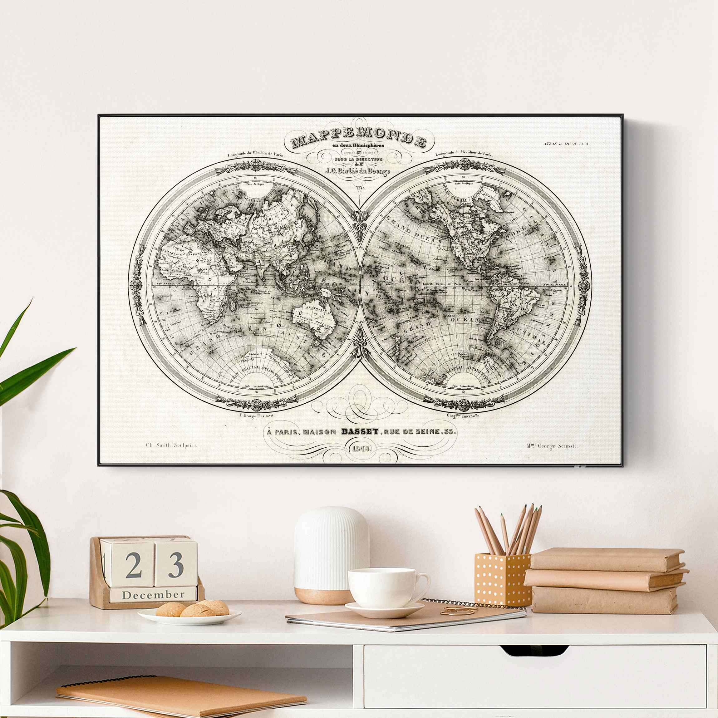 Akustik-Wechselbild Weltkarte - Französische Karte der Hemissphären von 1848