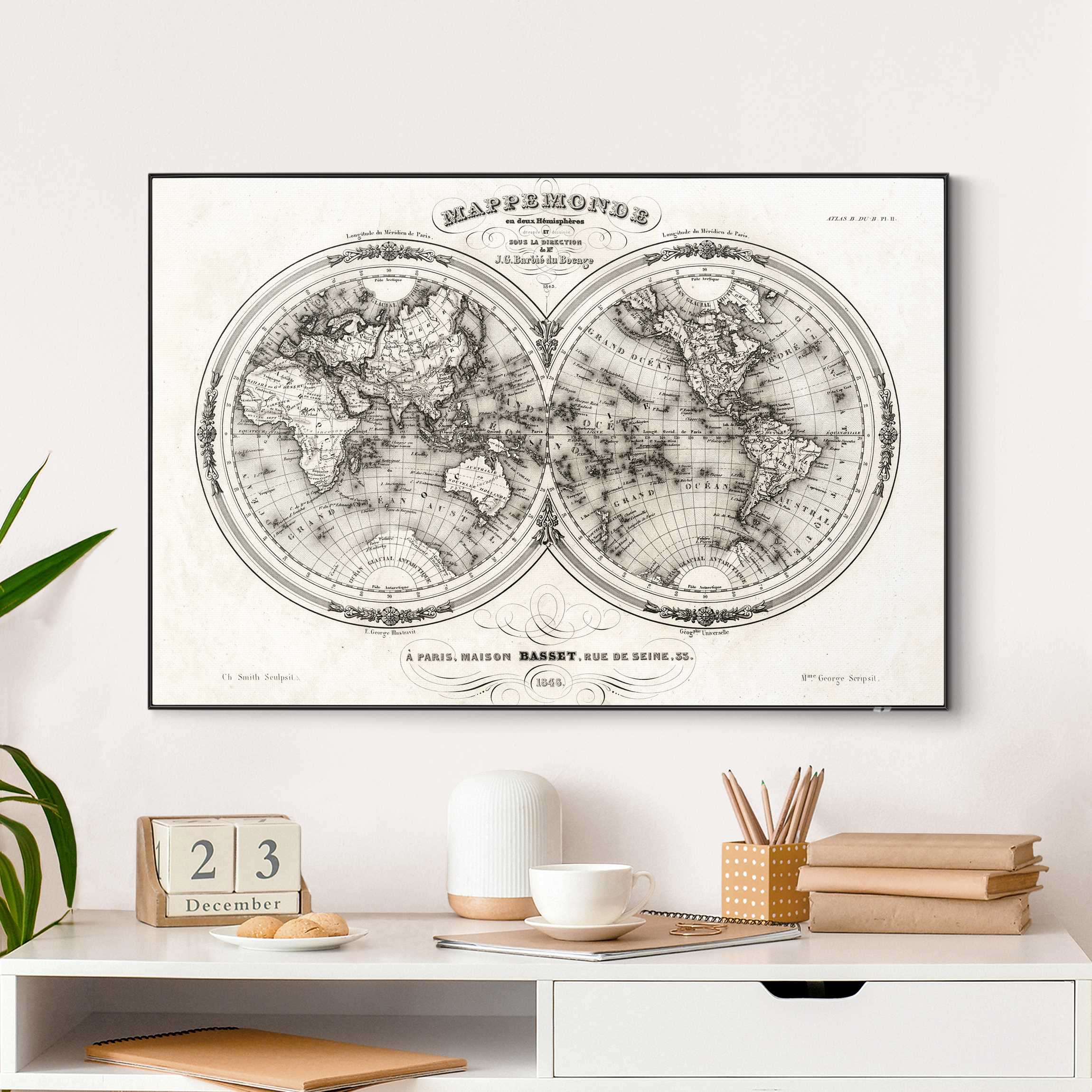 Wechselbild Weltkarte - Französische Karte der Hemissphären von 1848