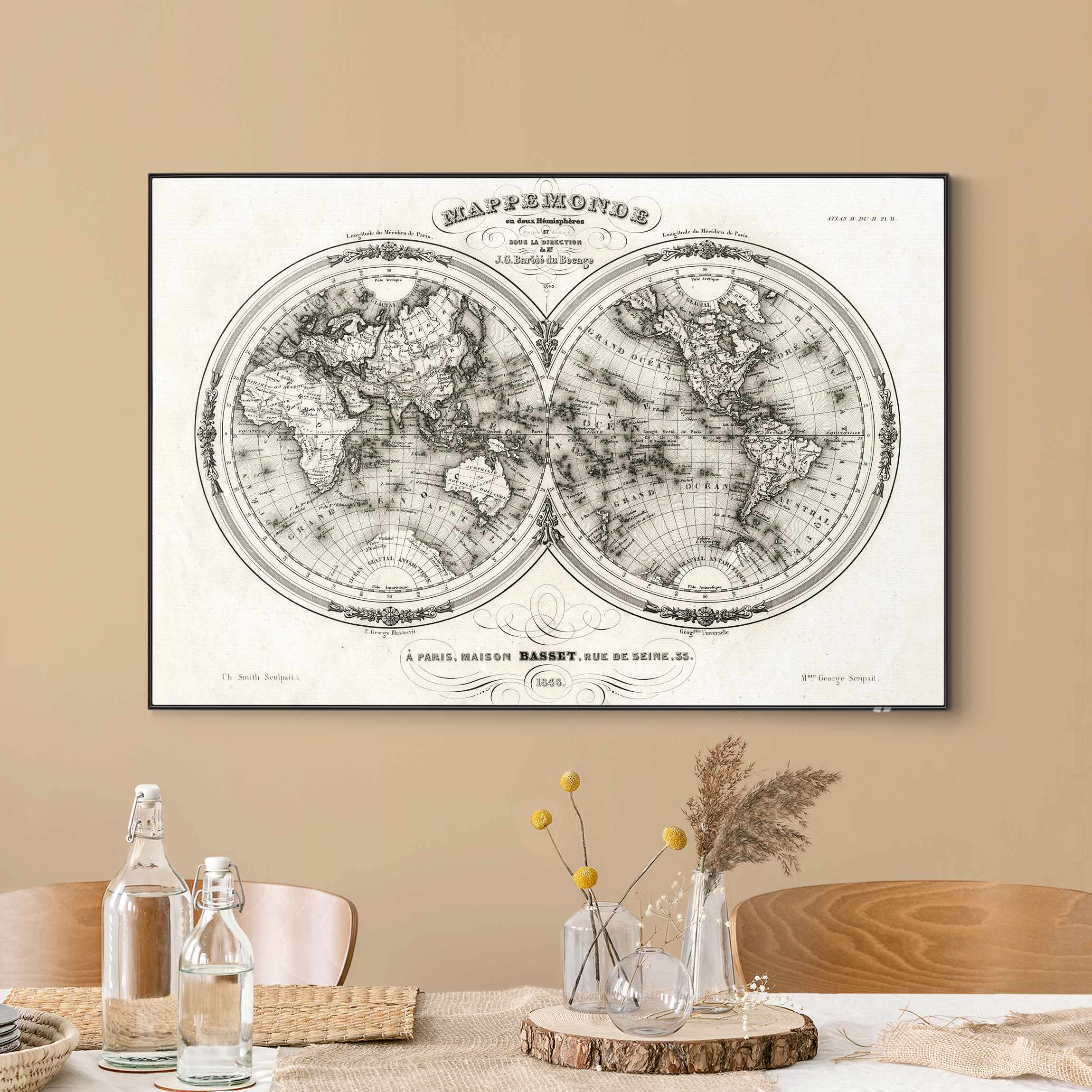 Wechselbild Weltkarte - Französische Karte der Hemissphären von 1848