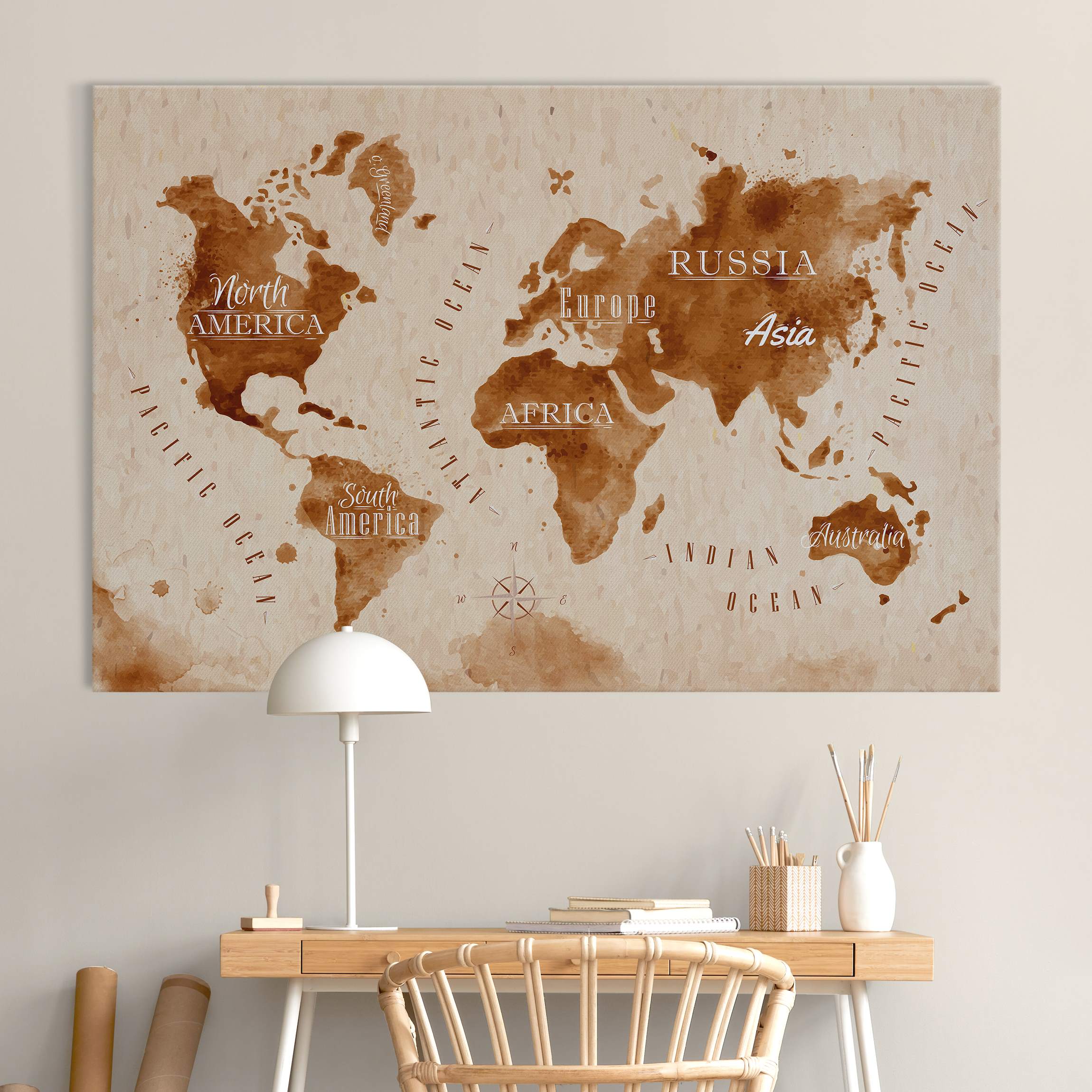 Akustikbild Weltkarte Aquarell beige braun