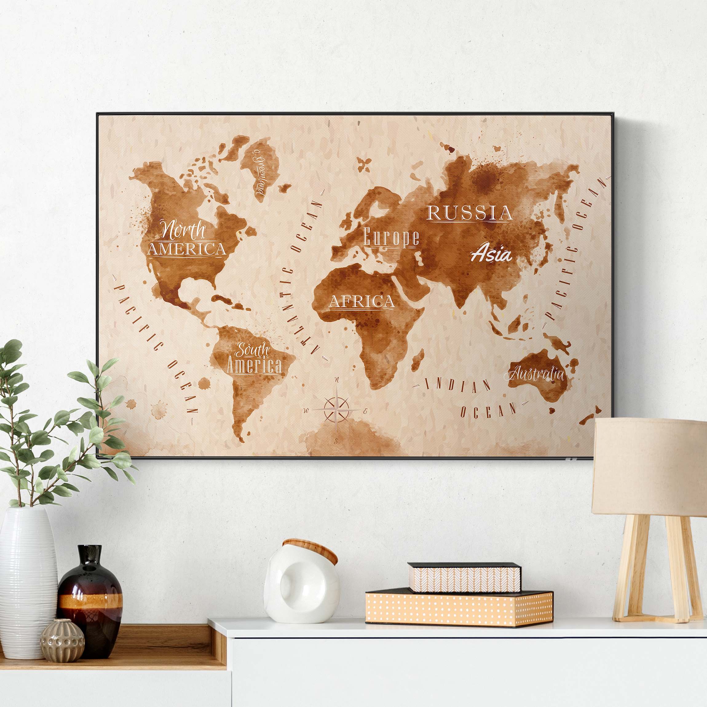 Akustik-Wechselbild Weltkarte Aquarell beige braun