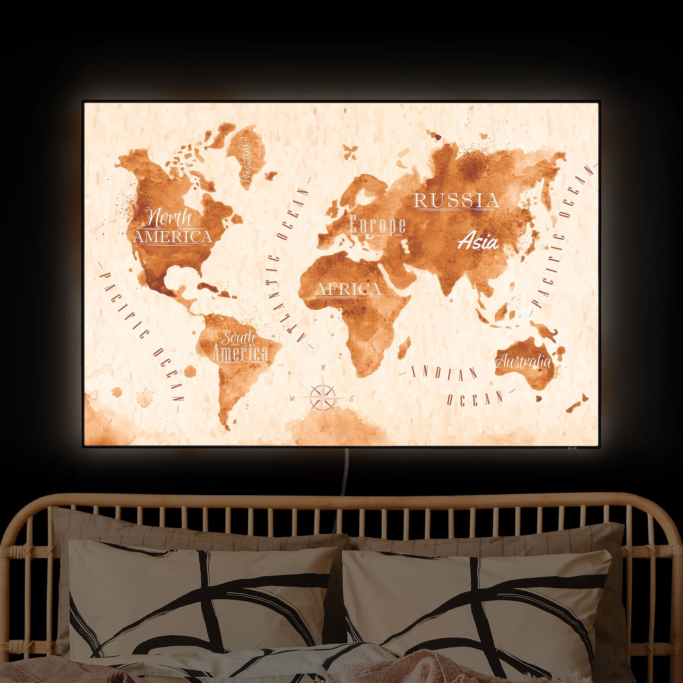 LED-Wechselbild Weltkarte Aquarell beige braun