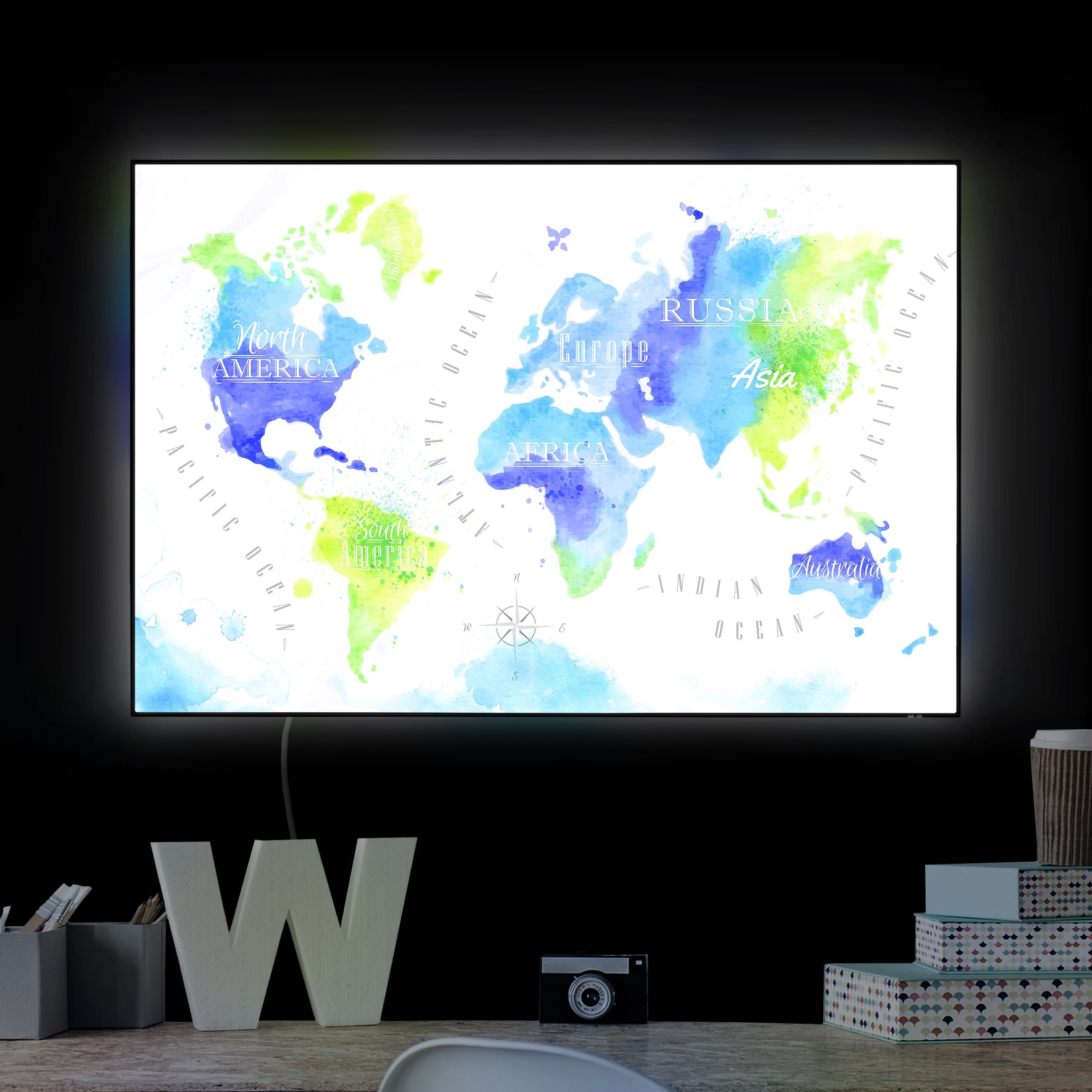 LED-Wechselbild Weltkarte Aquarell blau grün