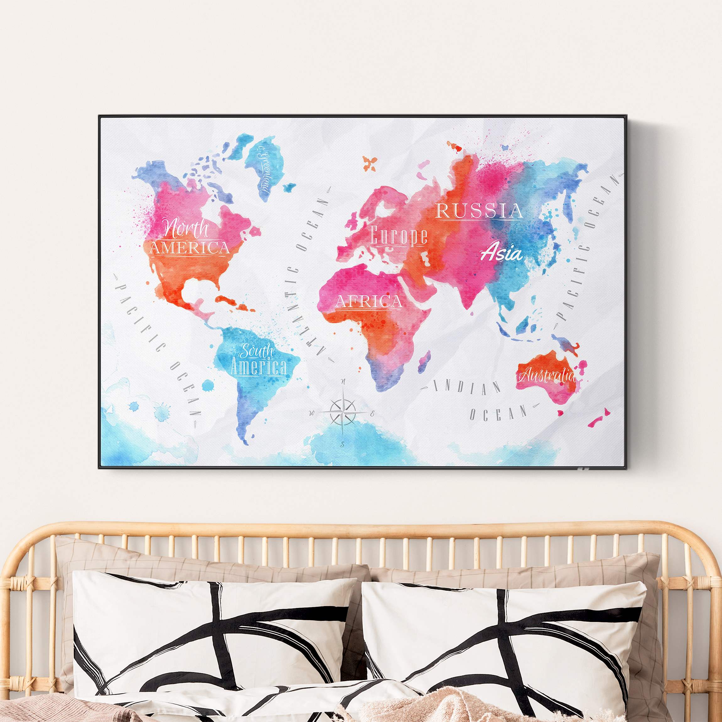 Akustik-Wechselbild Weltkarte Aquarell rot blau