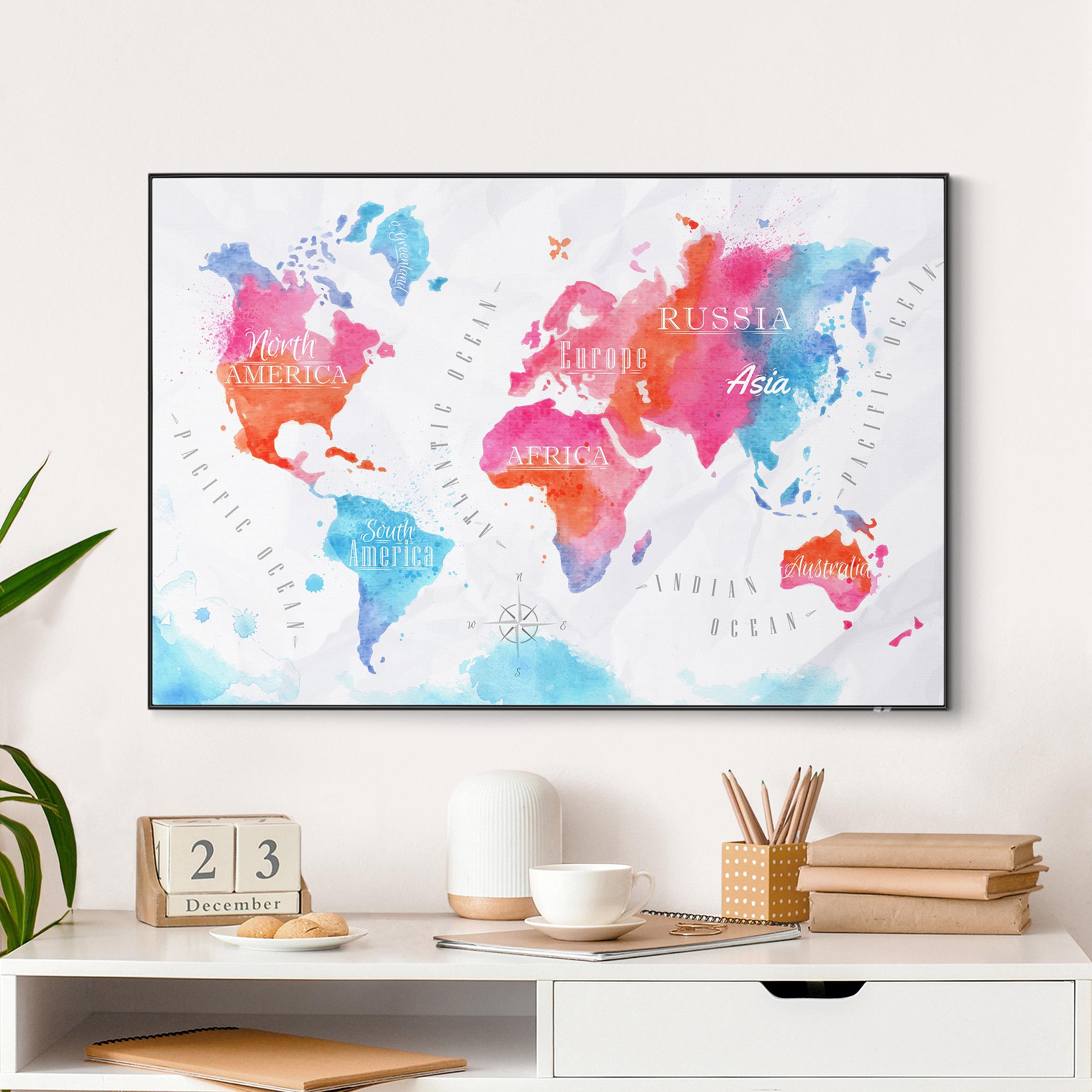 Wechselbild Weltkarte Aquarell rot blau