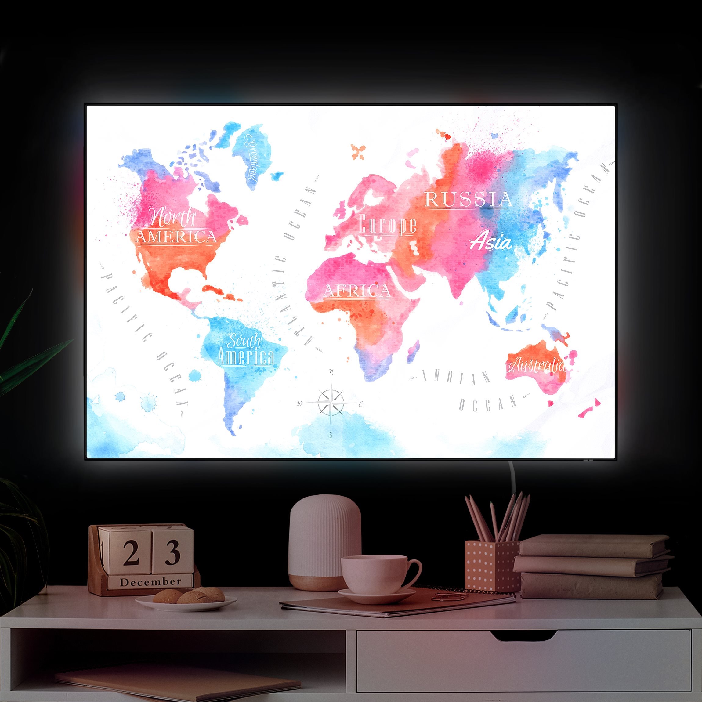 LED-Wechselbild Weltkarte Aquarell rot blau