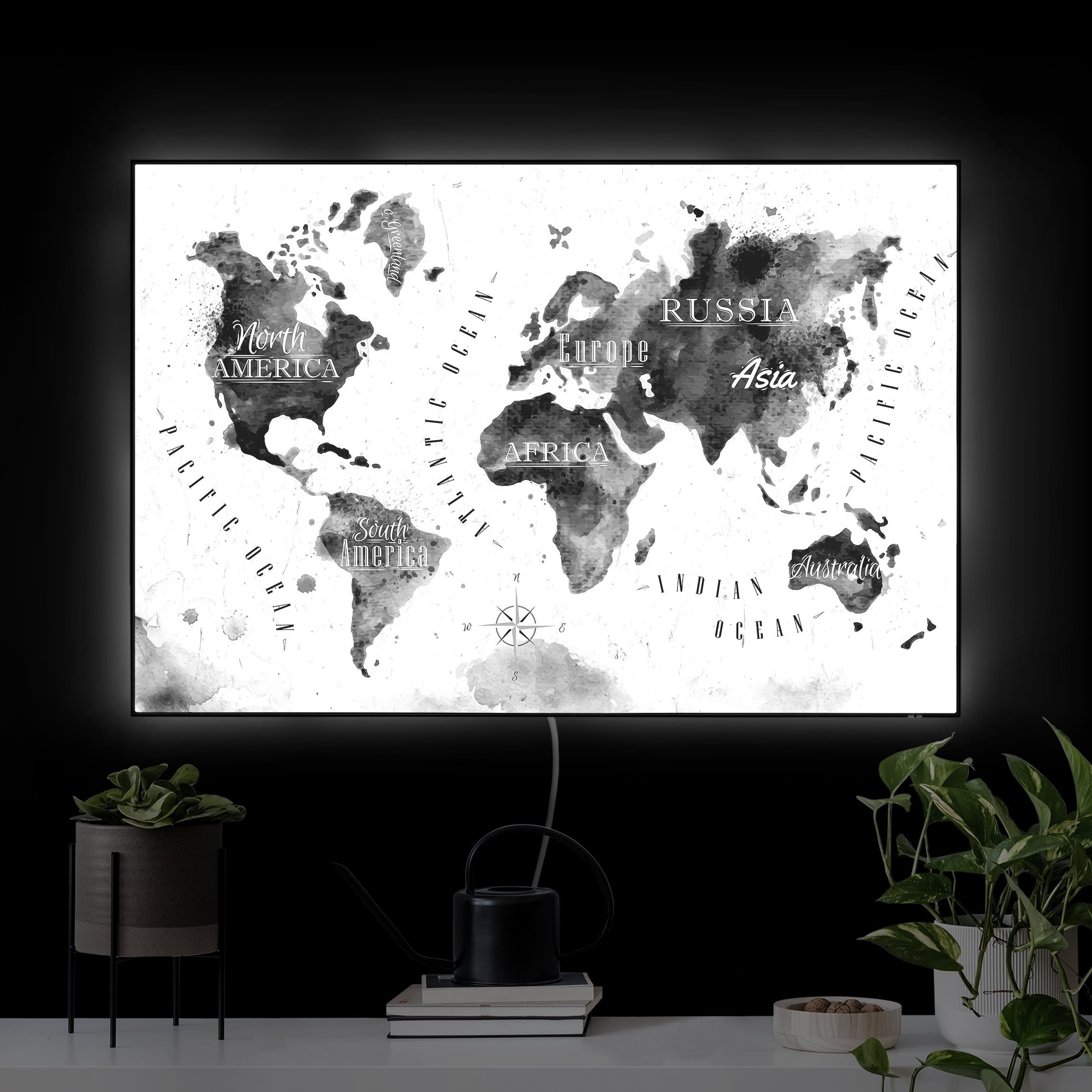 LED-Wechselbild Weltkarte Aquarell schwarz