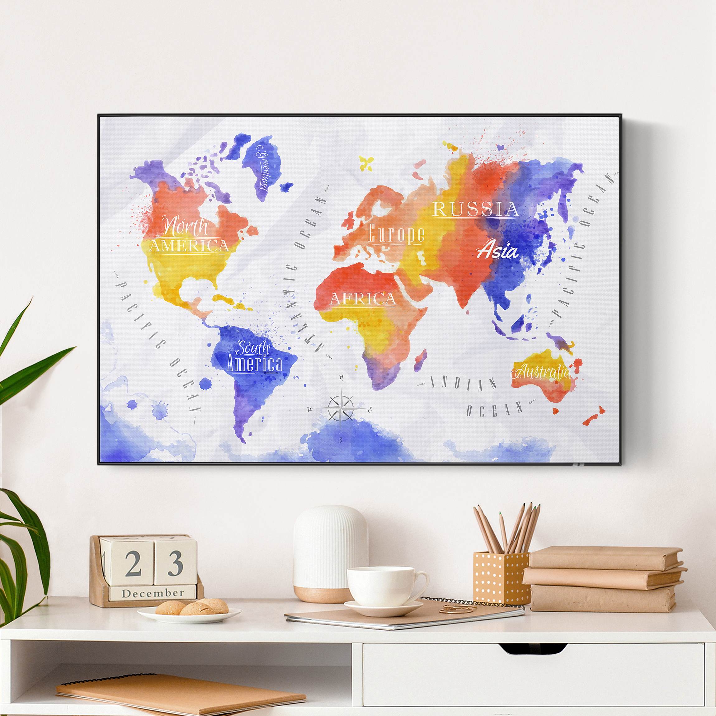 Akustik-Wechselbild Weltkarte Aquarell violett rot gelb