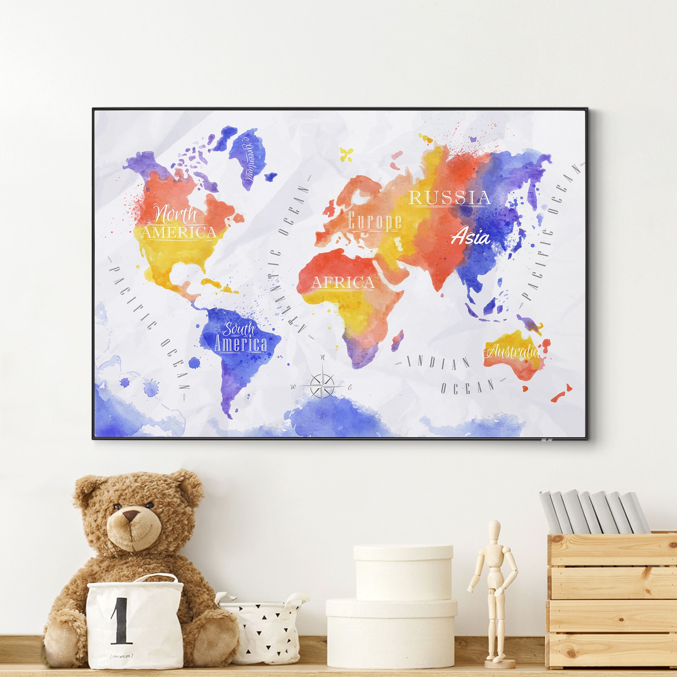 Wechselbild Weltkarte Aquarell violett rot gelb