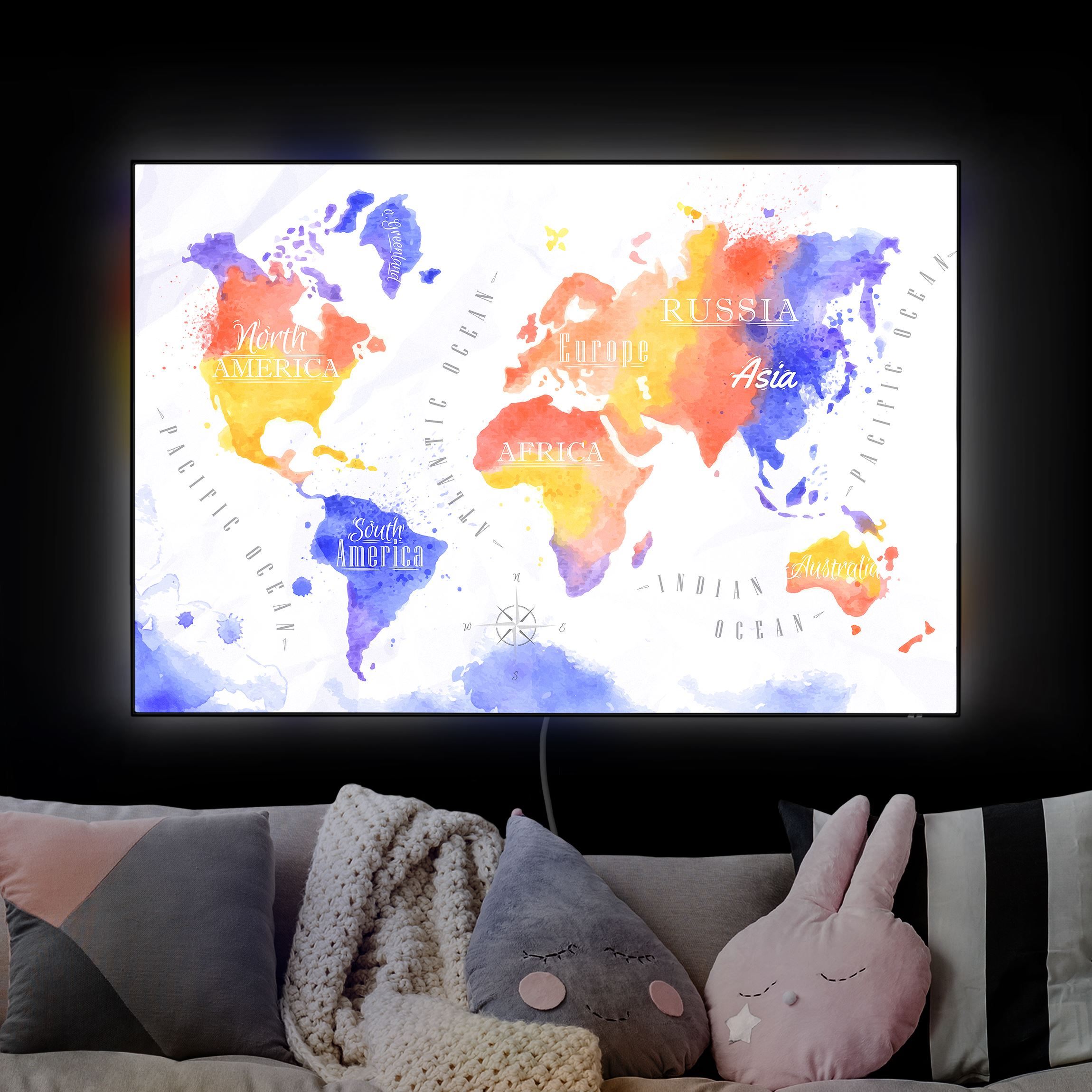 LED-Wechselbild Weltkarte Aquarell violett rot gelb