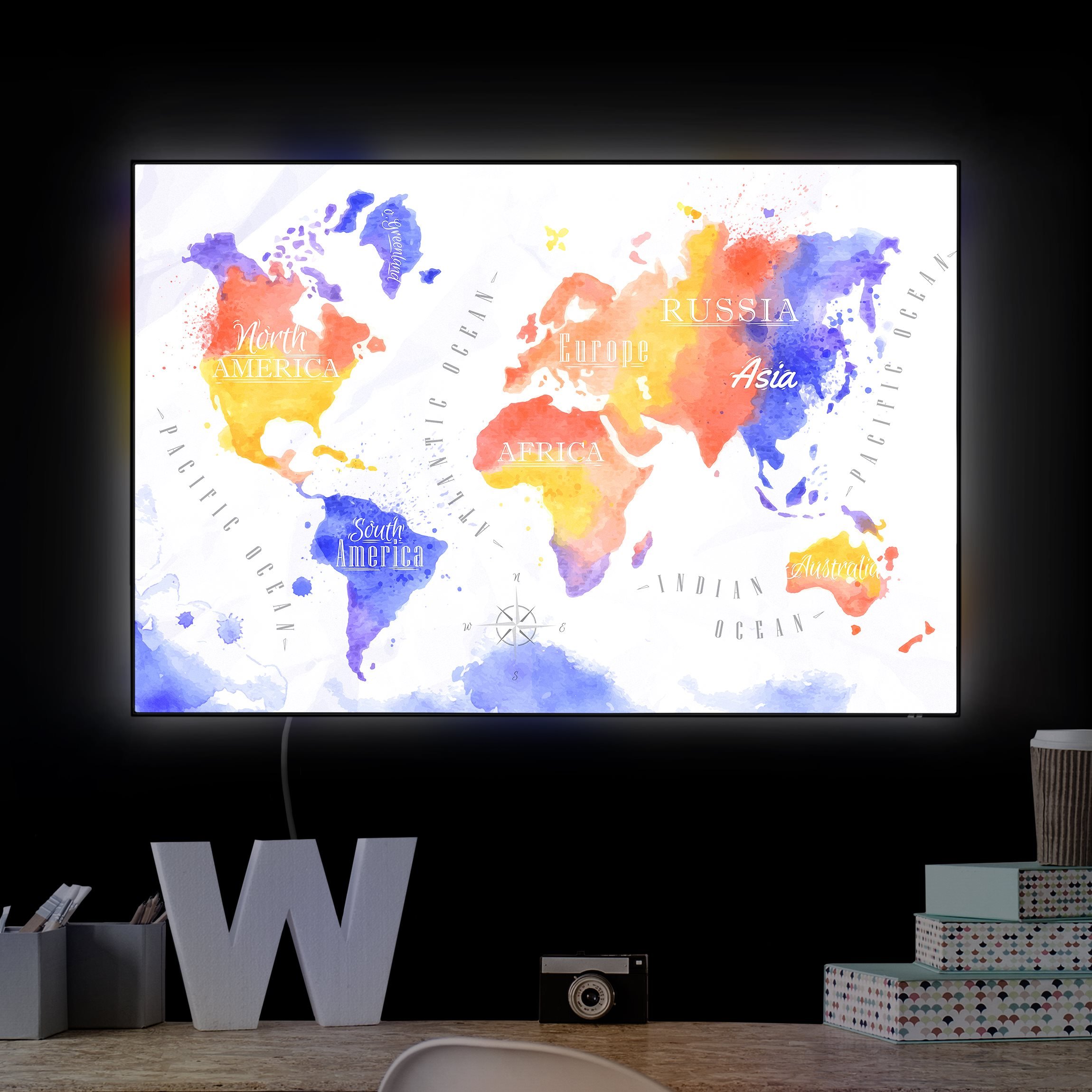 LED-Wechselbild Weltkarte Aquarell violett rot gelb