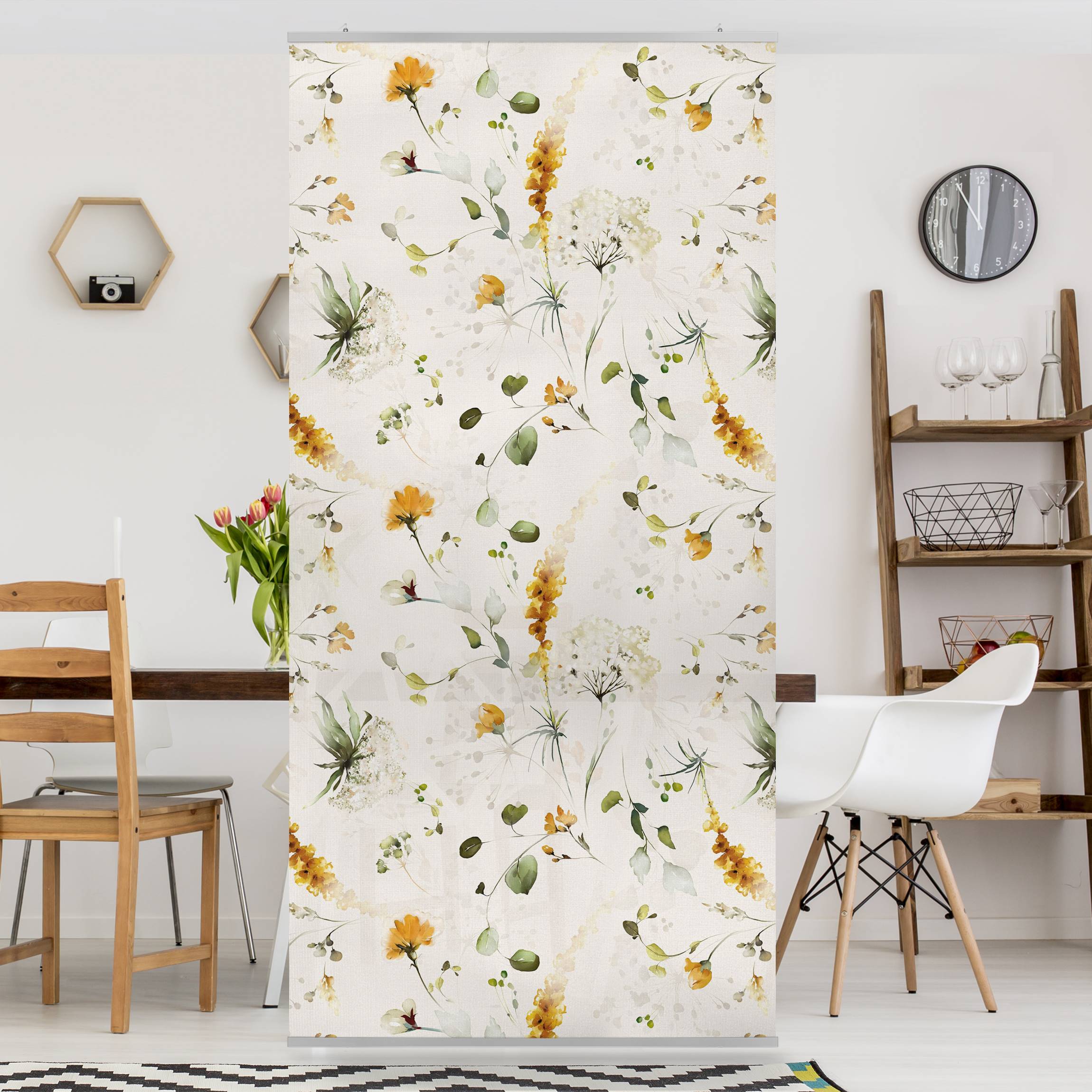 Raumteiler Wildblumen Aquarell Muster auf Beige