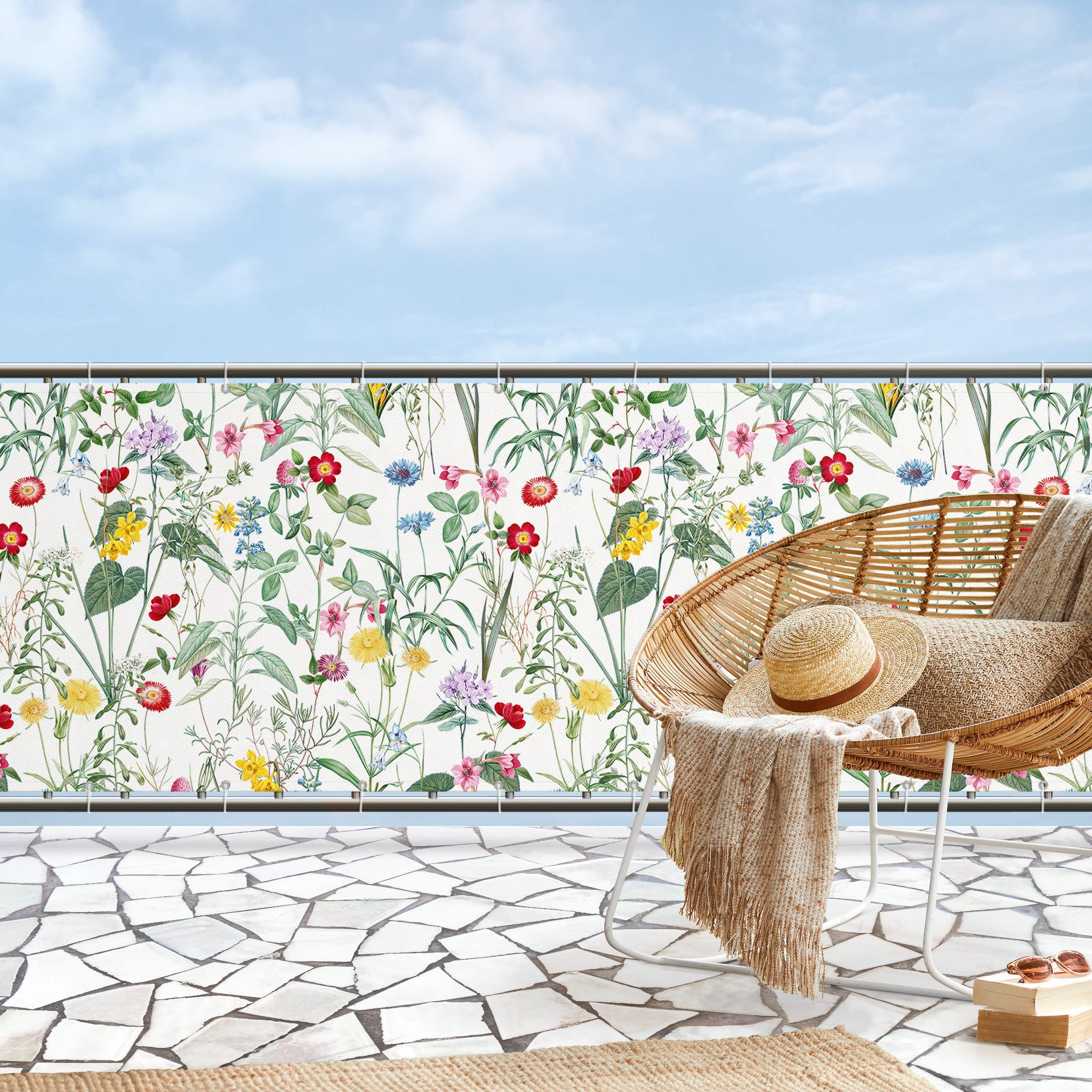 Balkon Sichtschutz Wildblumen auf Weiß