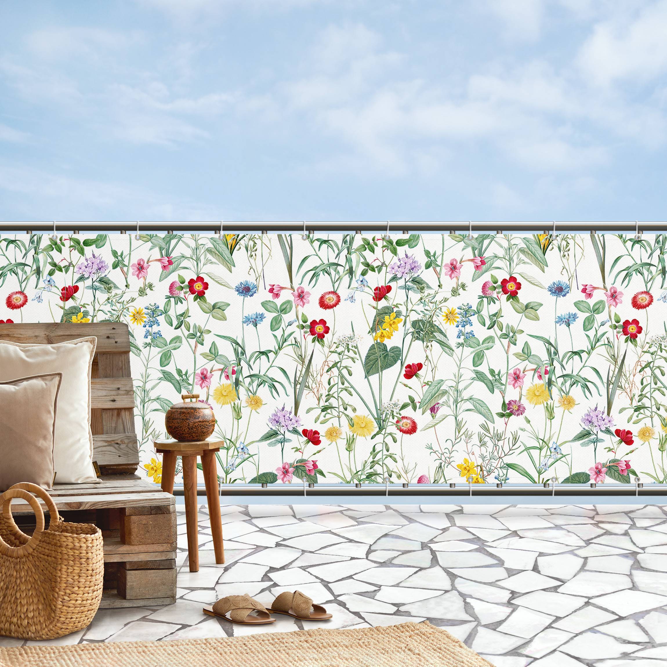 Balkon Sichtschutz Wildblumen auf Weiß