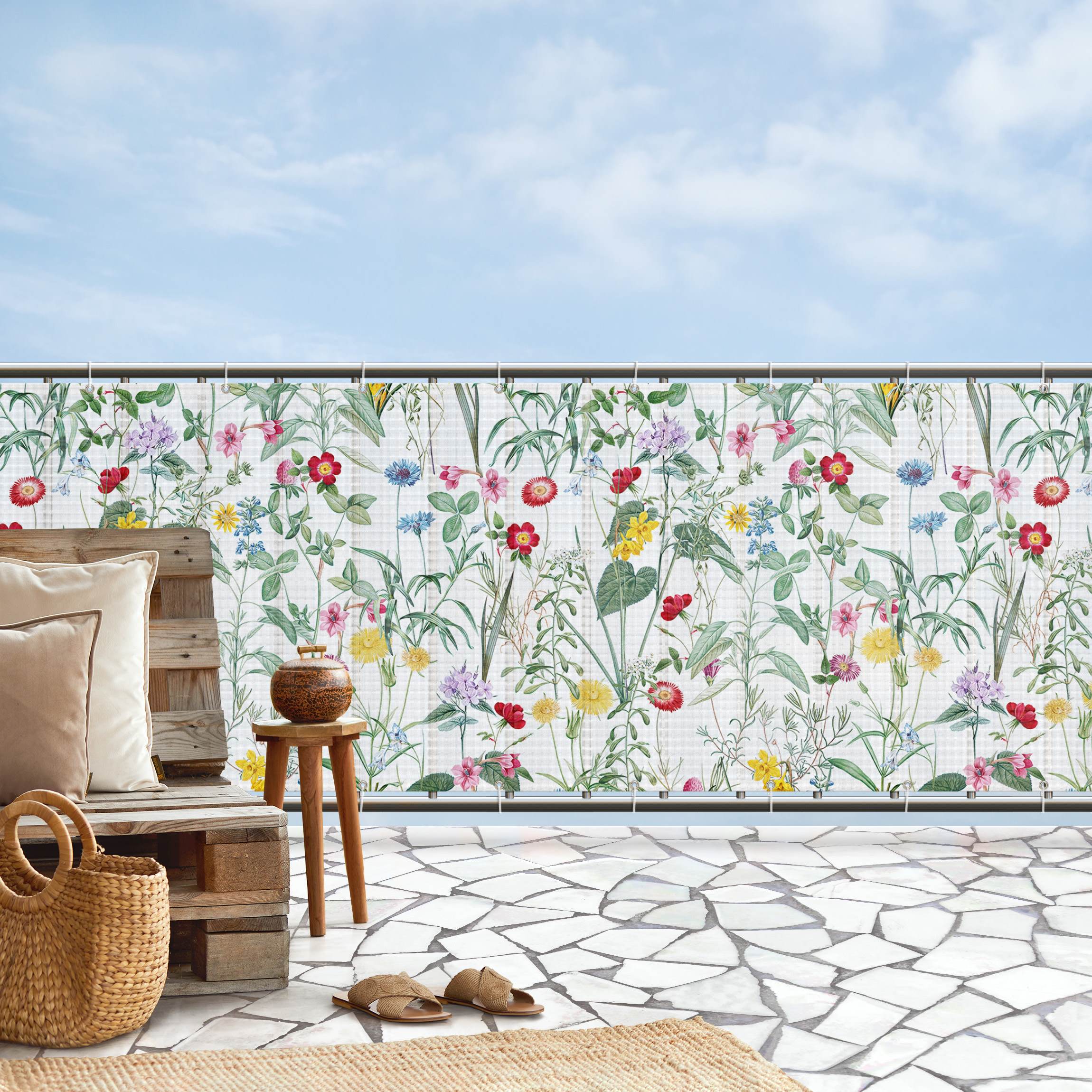 Balkon Sichtschutz Wildblumen auf Weiß