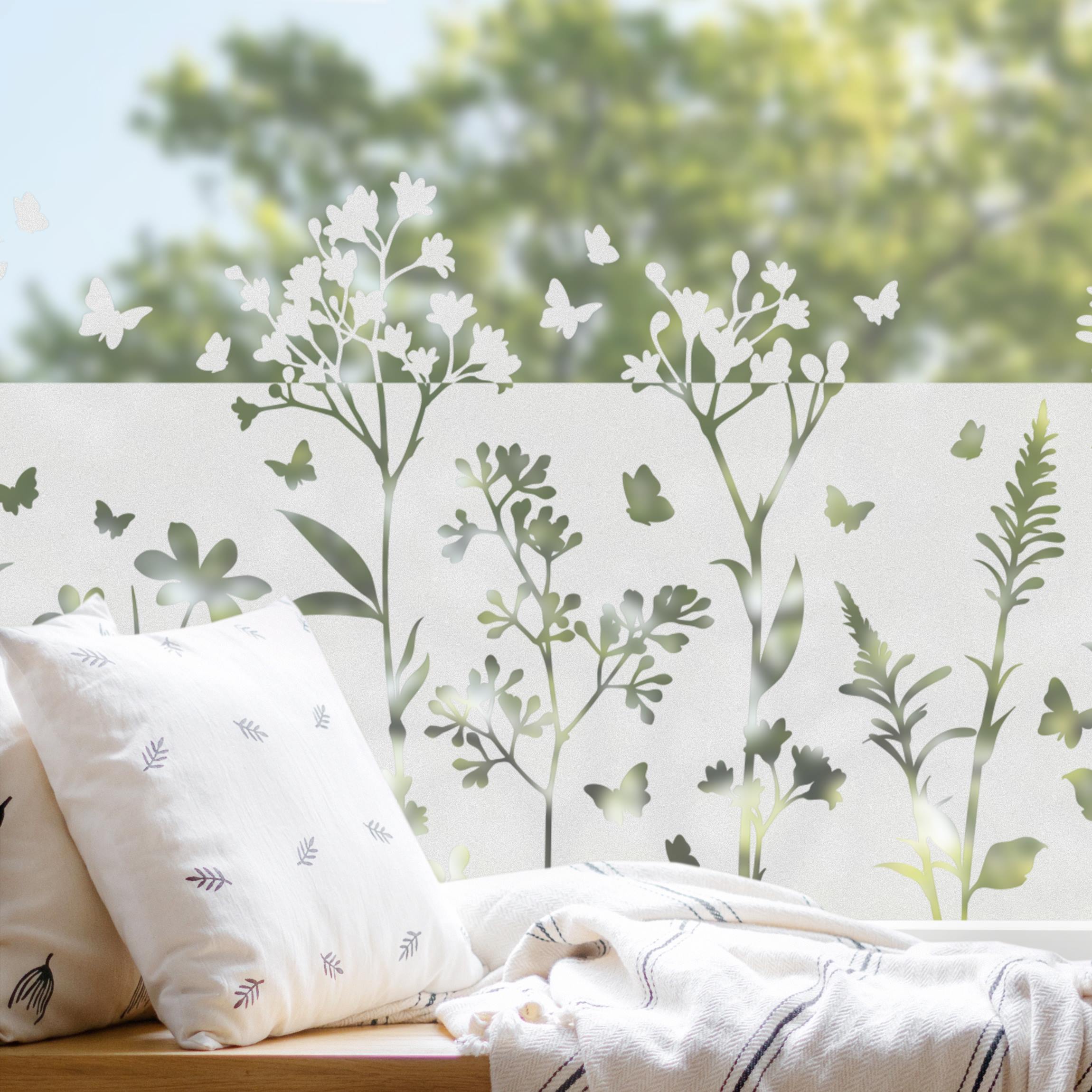Fensterfolie Sichtschutz Wildblumen mit Schmetterlingen Bordüre