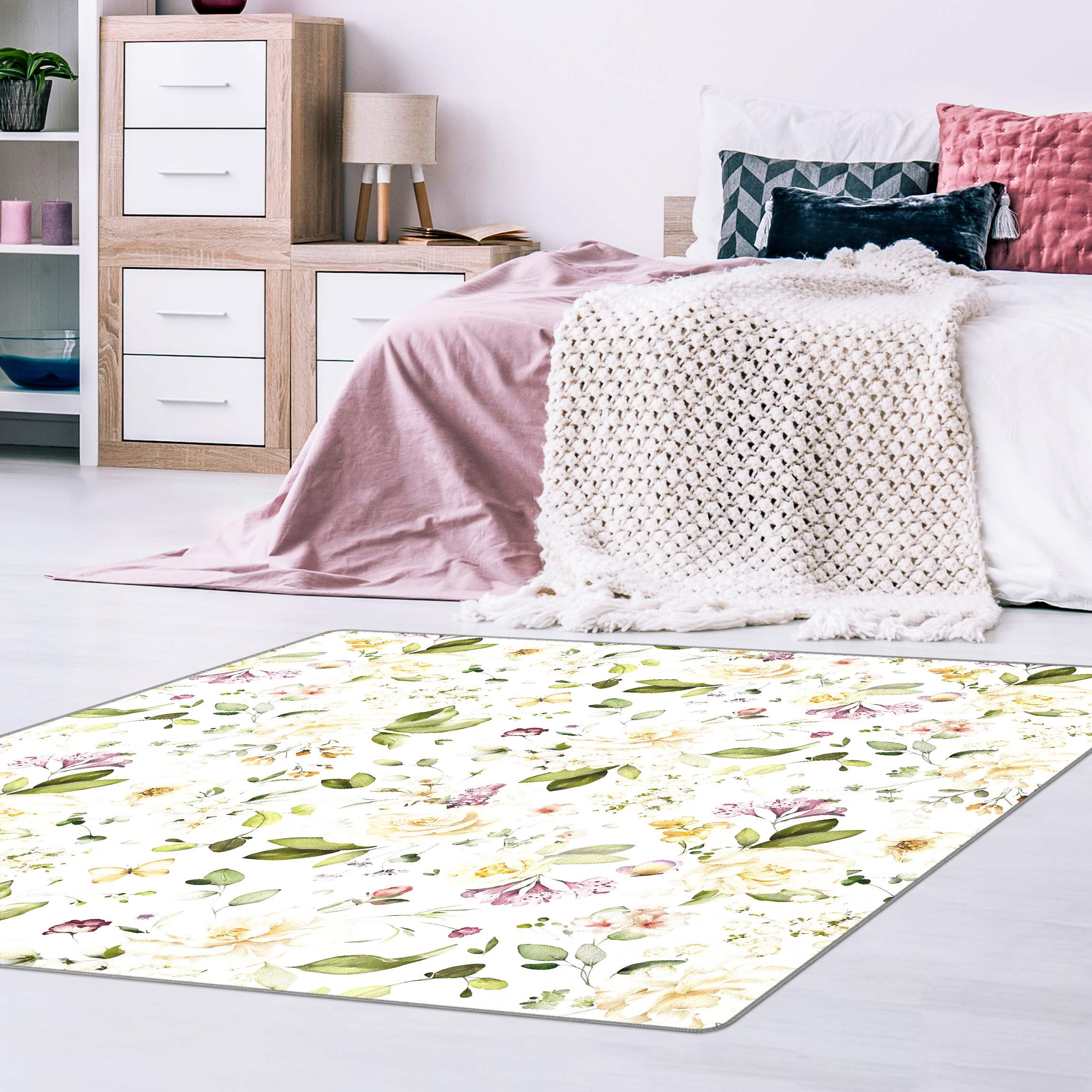 Teppich Wildblumen und Weiße Rosen Aquarell Muster