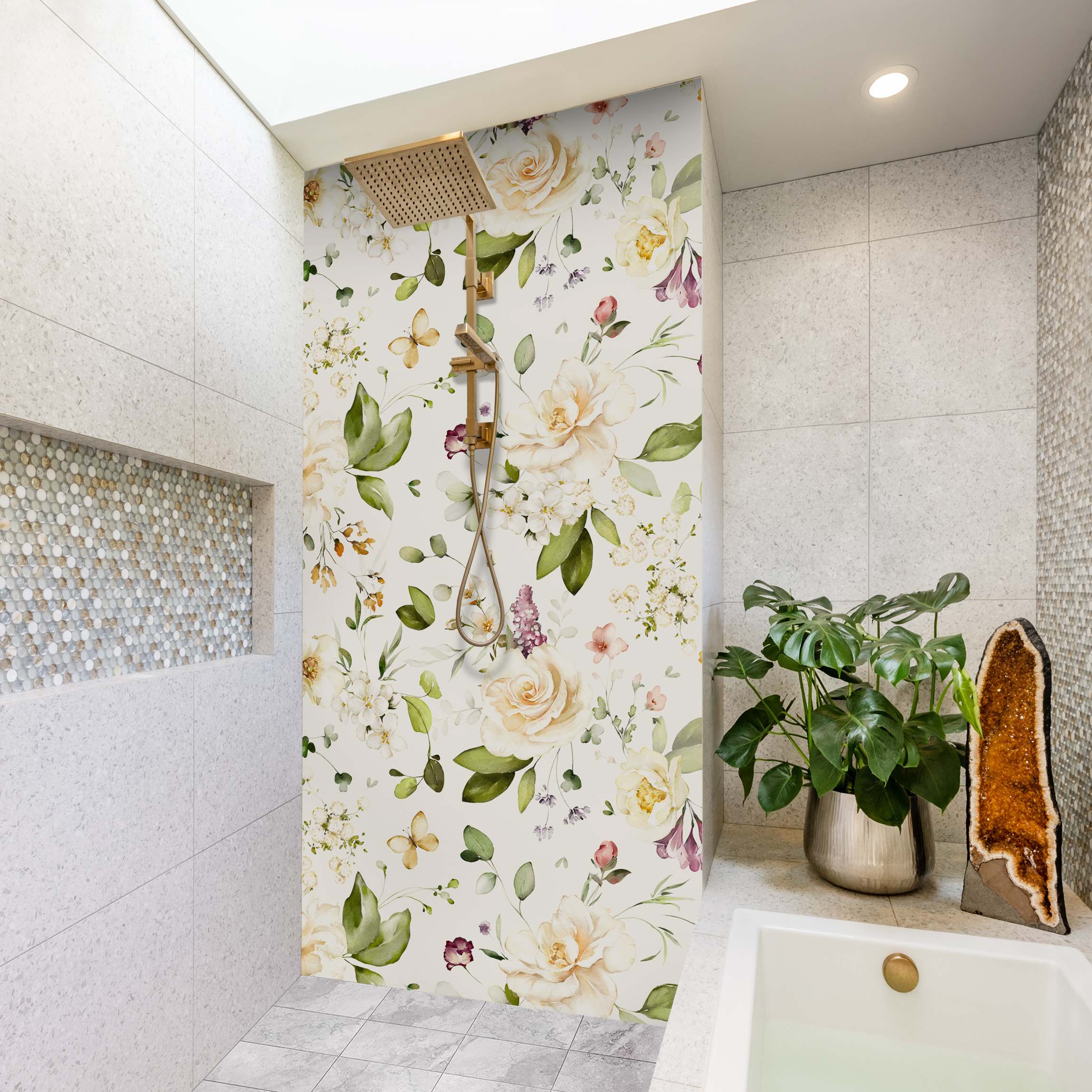 Duschrückwand Wildblumen und Weiße Rosen Aquarell Muster