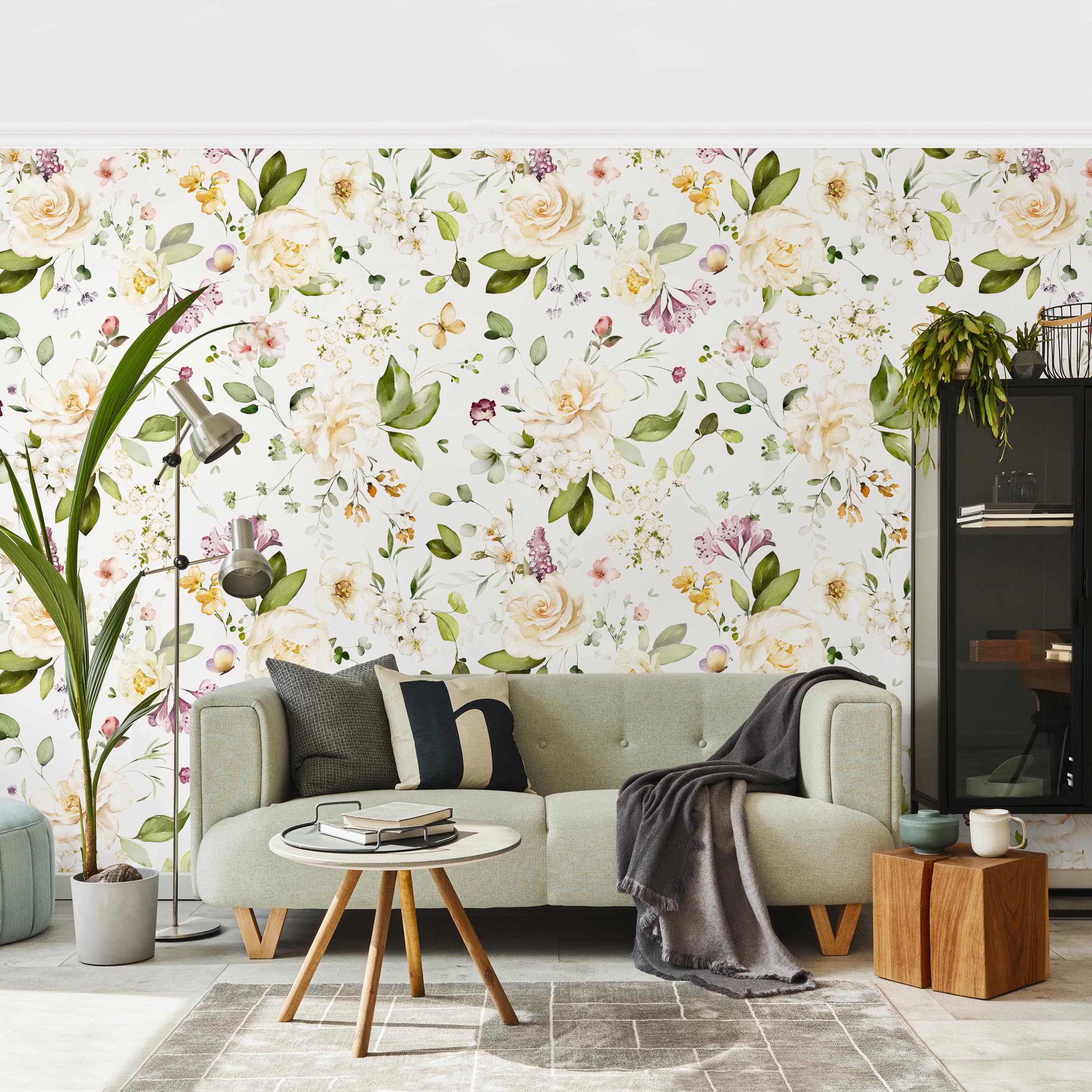 Fototapete Wildblumen und Weiße Rosen Aquarell Muster