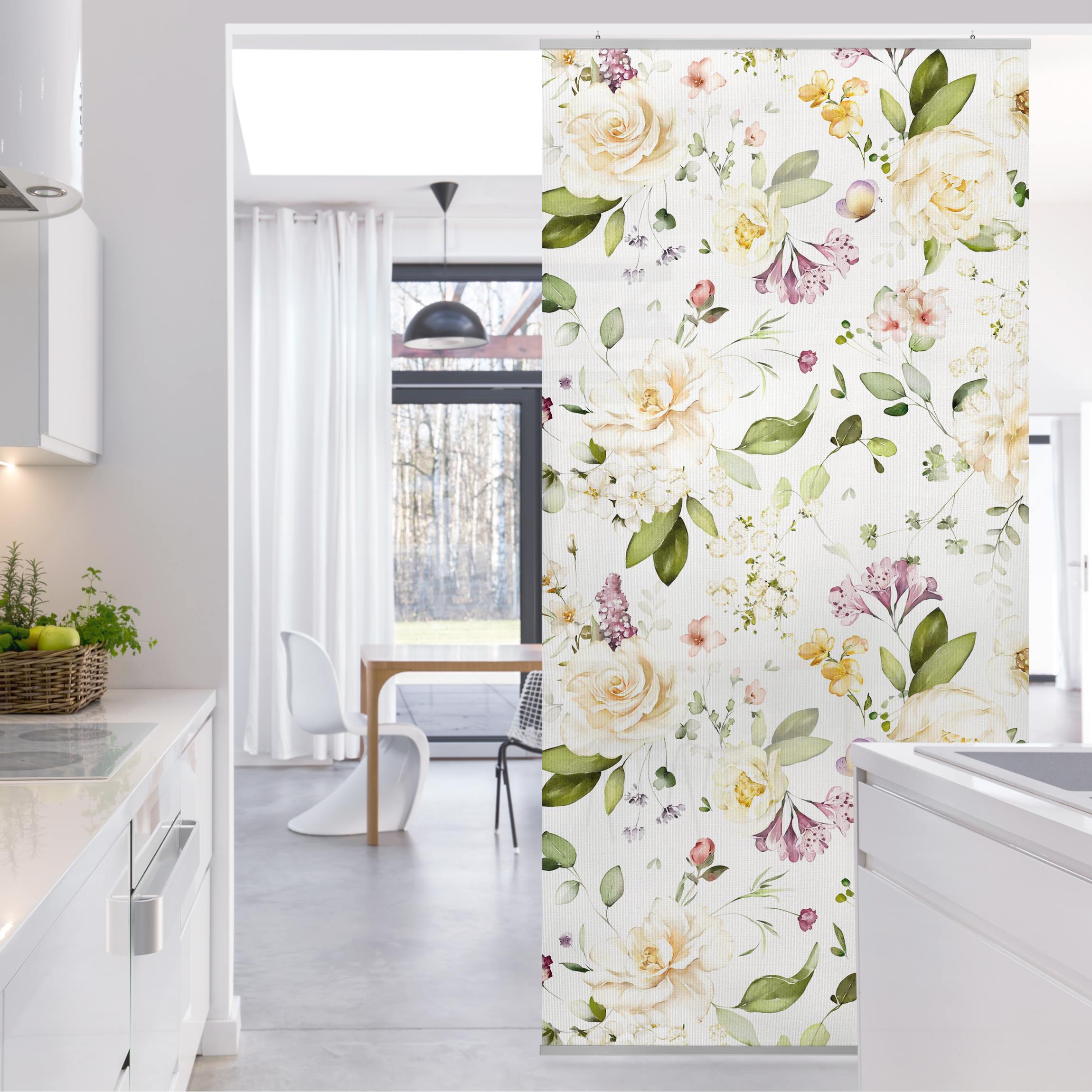 Raumteiler Wildblumen und Weiße Rosen Aquarell Muster