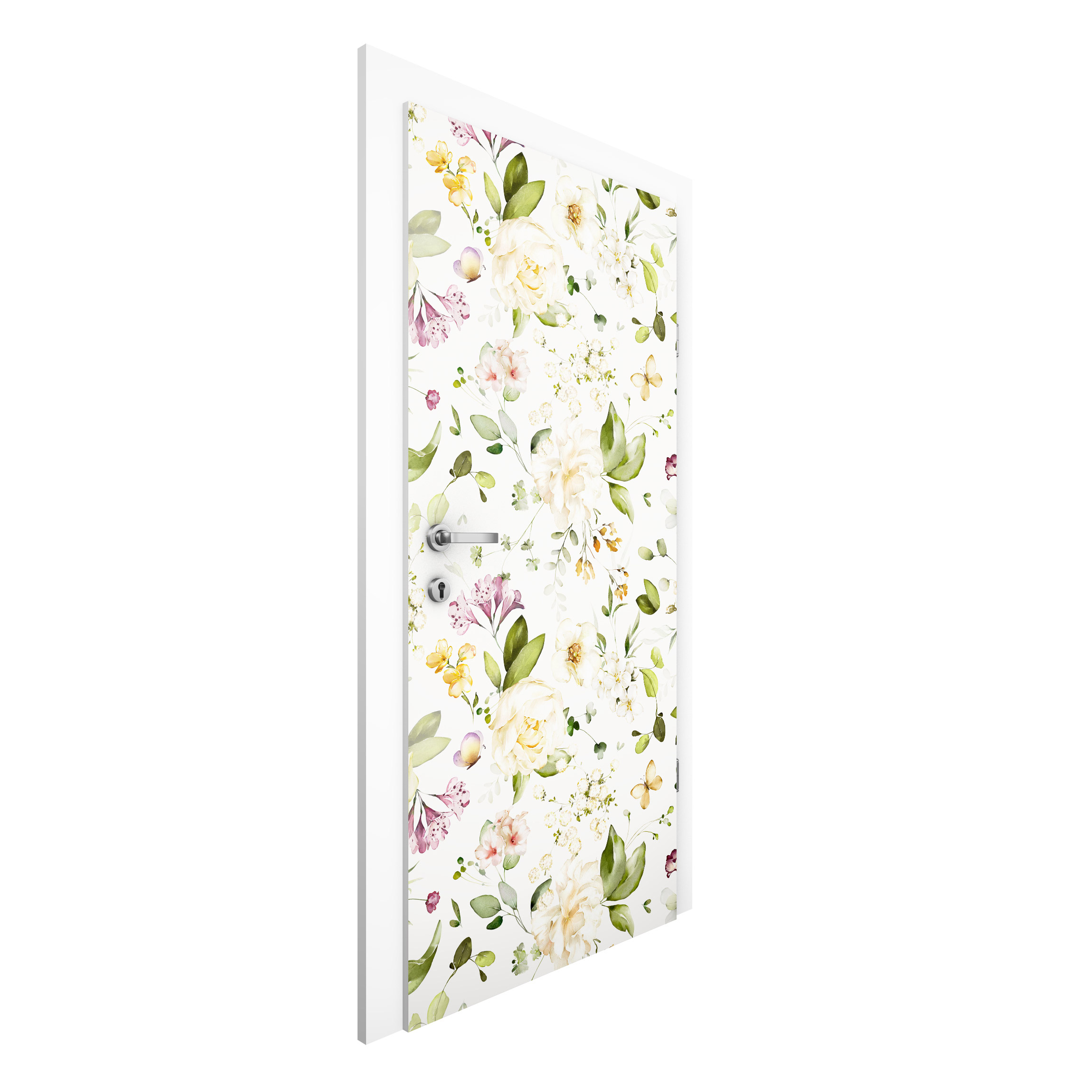 Türtapete Wildblumen und Weiße Rosen Aquarell Muster