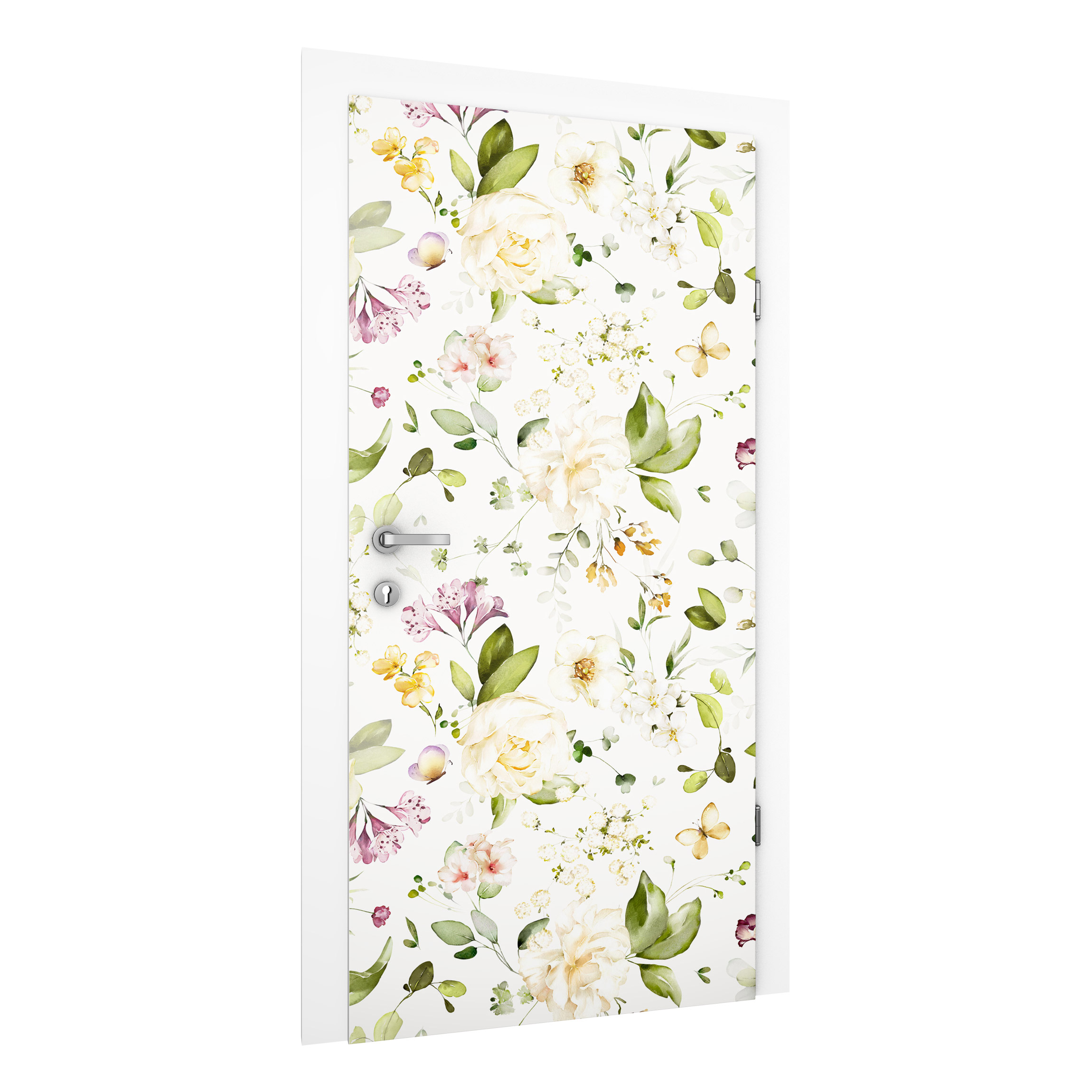 Türtapete Wildblumen und Weiße Rosen Aquarell Muster