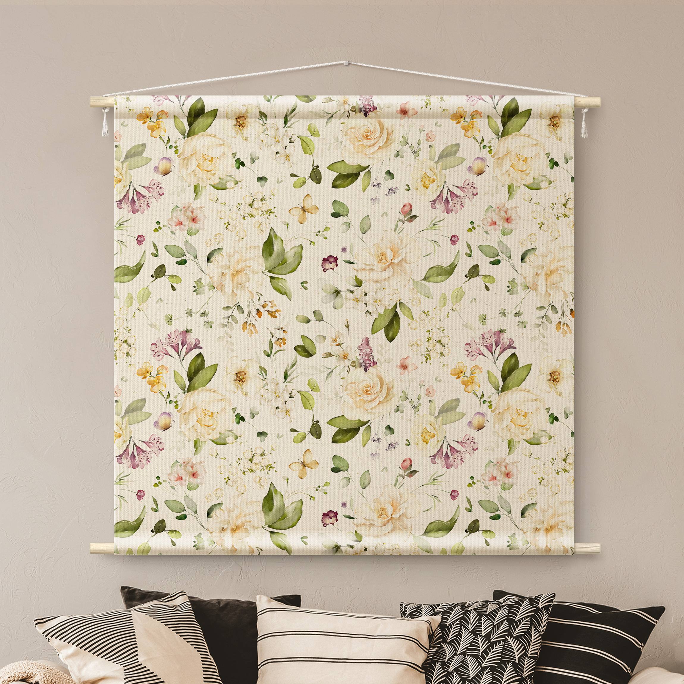 Wandteppich Wildblumen und Weiße Rosen Aquarell Muster