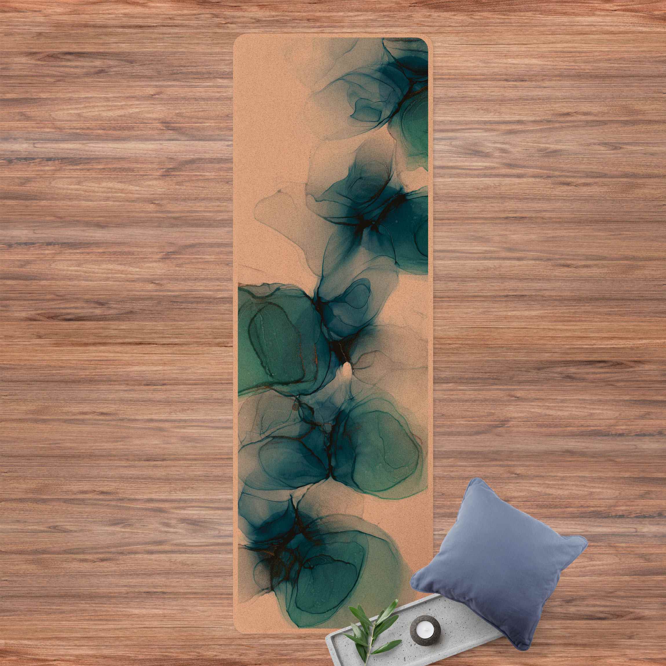 Yogamatte Kork Wilde Blüten in Blau und Gold