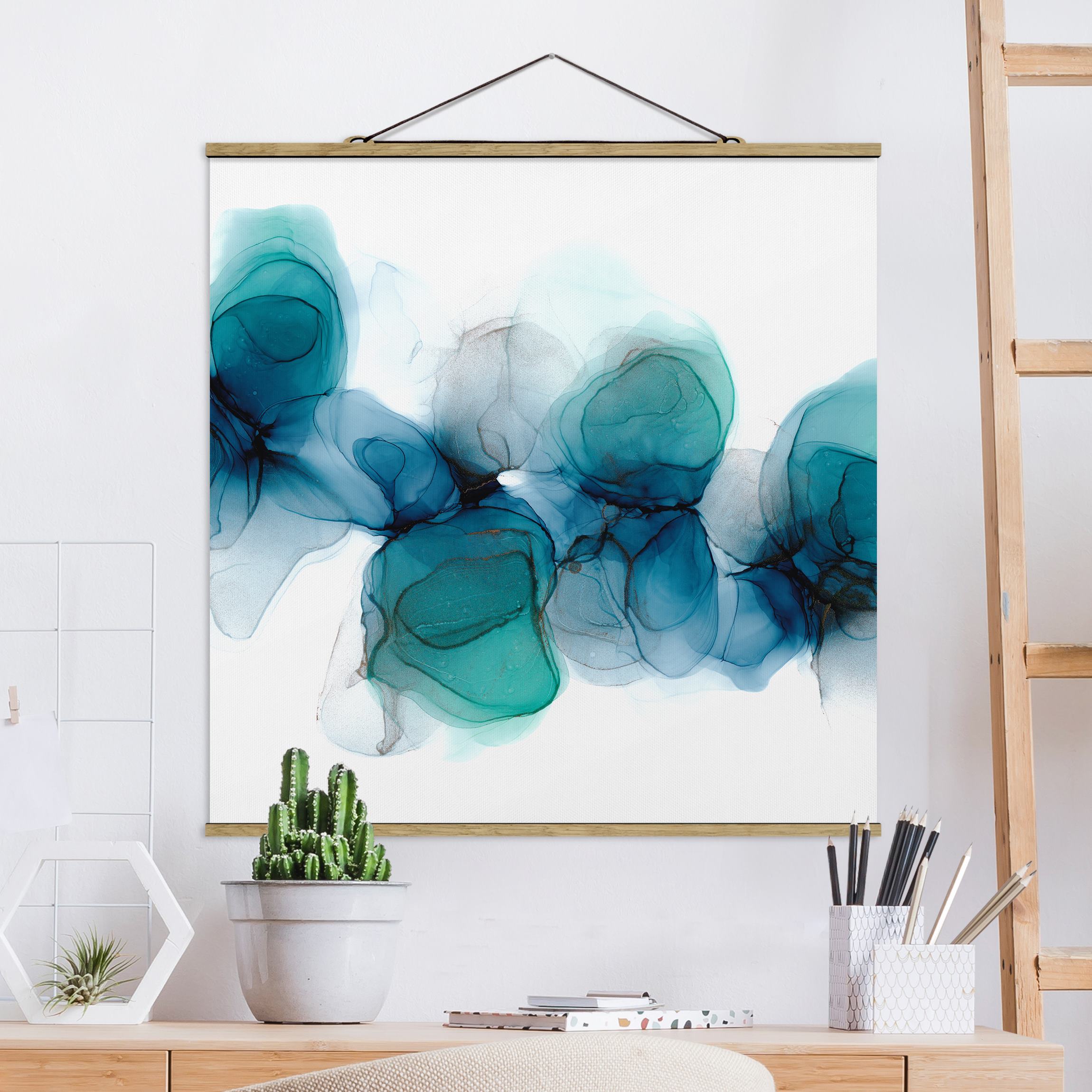 Stoffbild Wilde Blüten in Blau und Gold