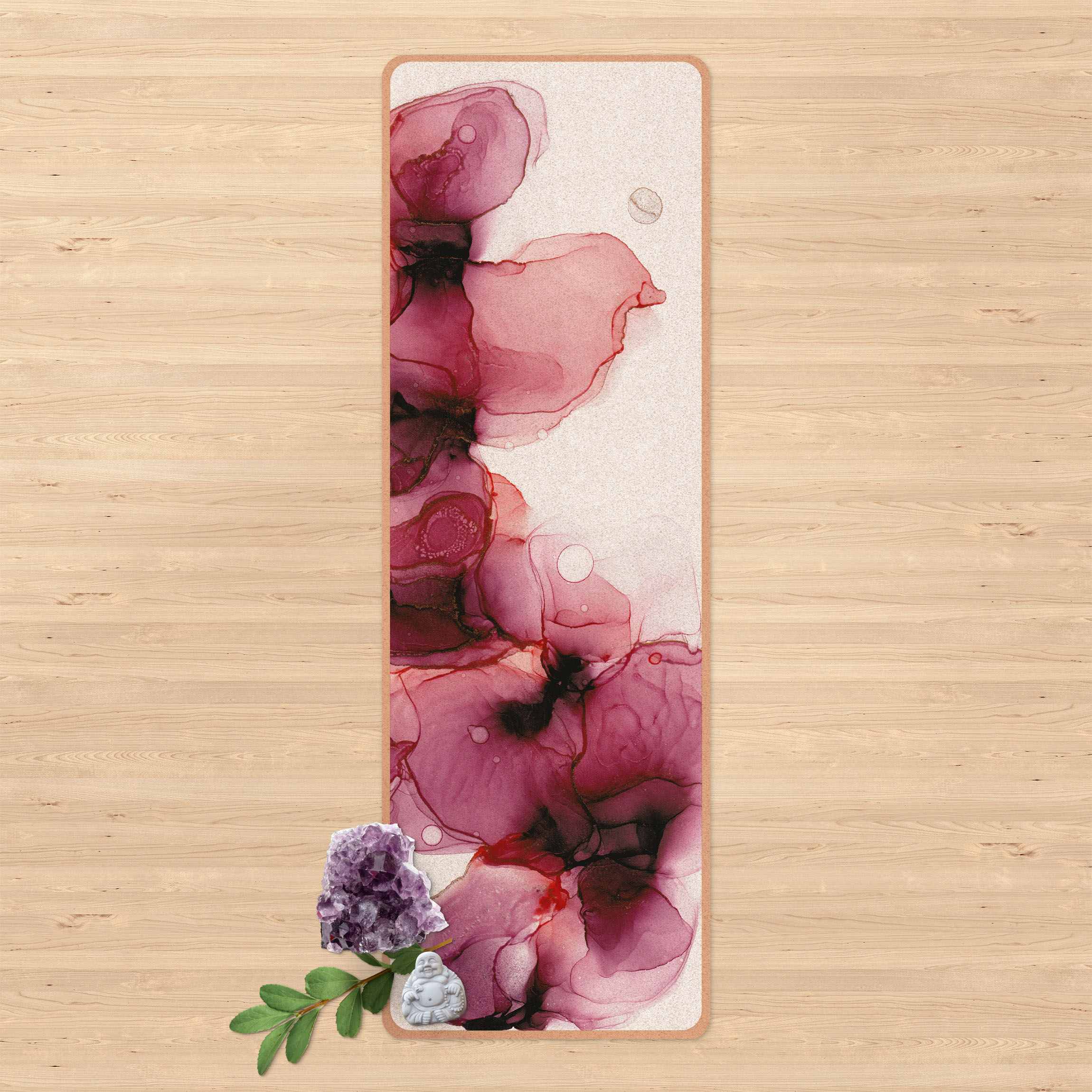 Yogamatte Kork Wilde Blüten in Violett und Gold