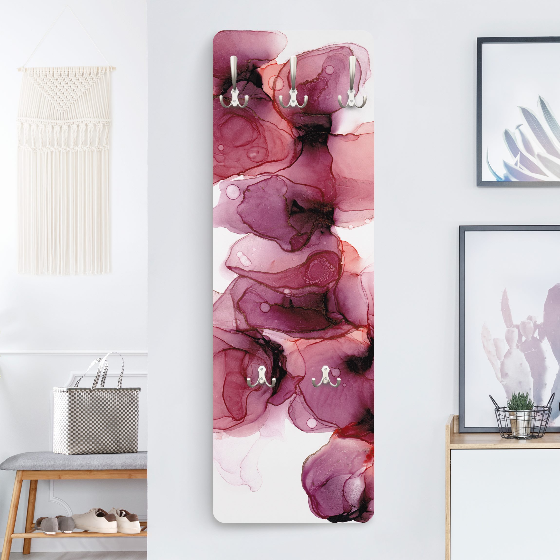 Wandgarderobe Holzpaneel Wilde Blüten in Violett und Gold