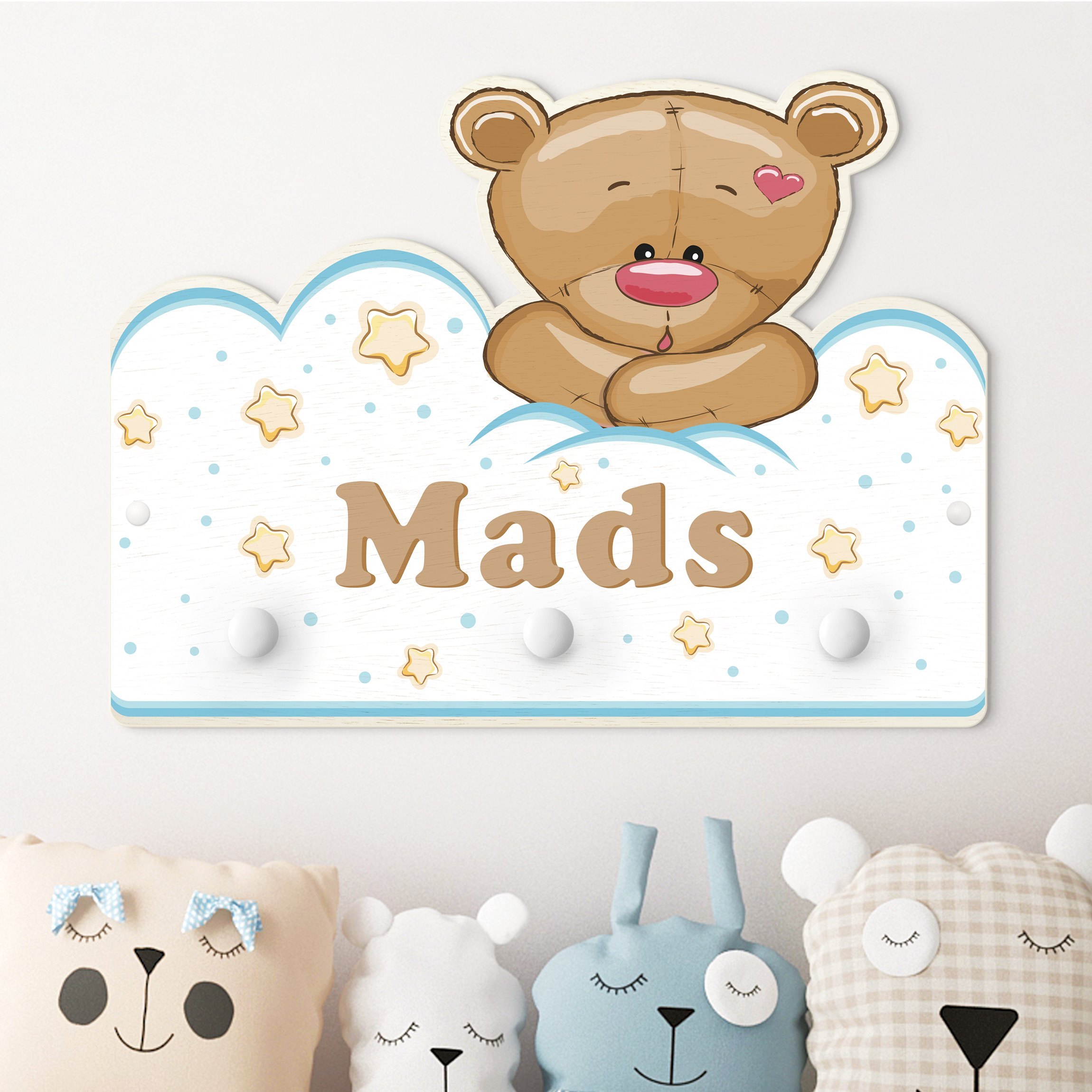 Kindergarderobe Holz mit Namen Wolken Teddy mit Wunschnamen