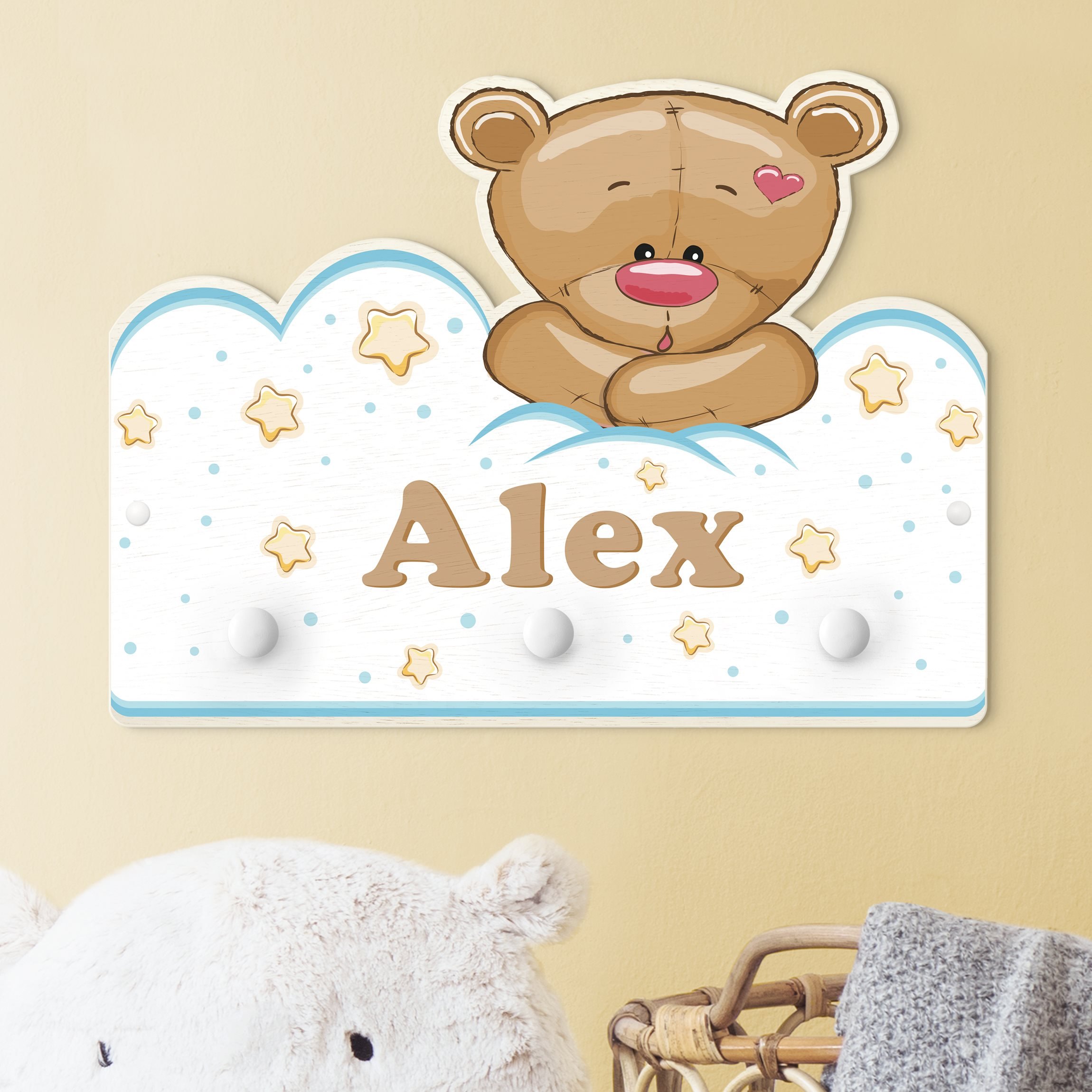 Kindergarderobe Holz mit Namen Wolken Teddy mit Wunschnamen